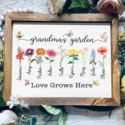 Miniatura 3 de Letrero personalizado con marco de jardín de mamá con nombres de nietos y flor de nacimiento para regalo del día de la madre, regalos de abuela,