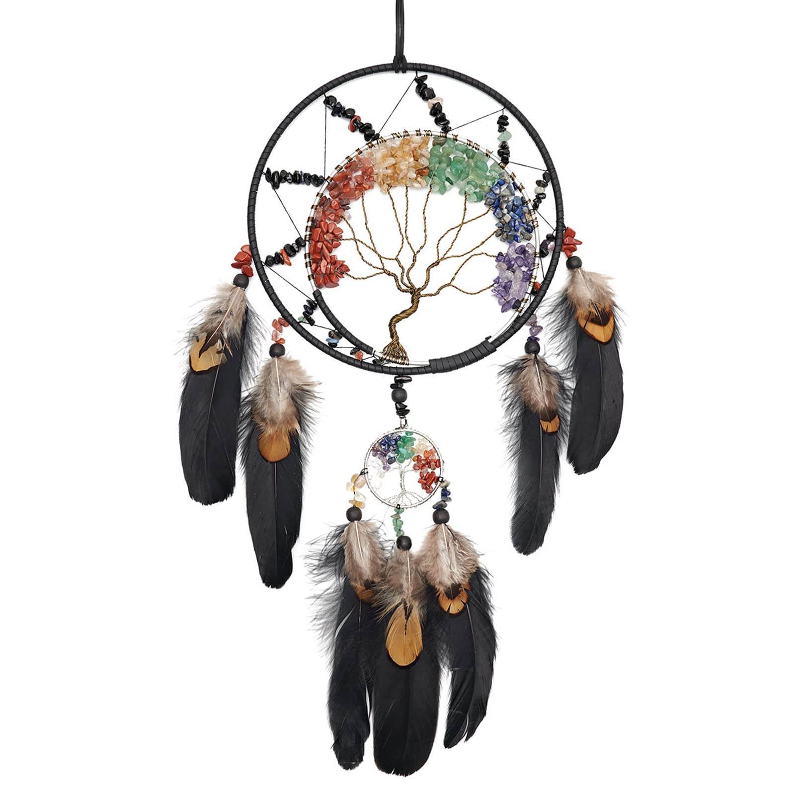 7 chakra albero della vita, acchiappasogni, decorazione da parete arcobaleno, cristallo di guarigione, pietra fatta a mano, piuma nera, brand