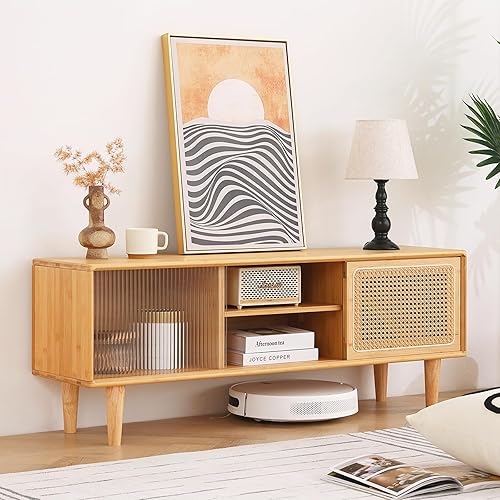 Miniatura 8 de Tiita Soporte de TV de ratán para TV de 55 pulgadas, gabinete de TV de bambú con estante ajustable y almacenamiento, centro de entretenimiento