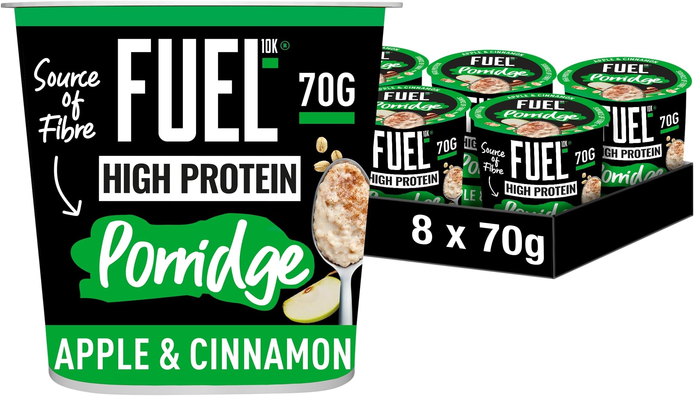 FUEL10K High Protein Apple and Cinnamon Porridge Pot, 13g Protein & Source of Fibre, 70g (Pack of 8)