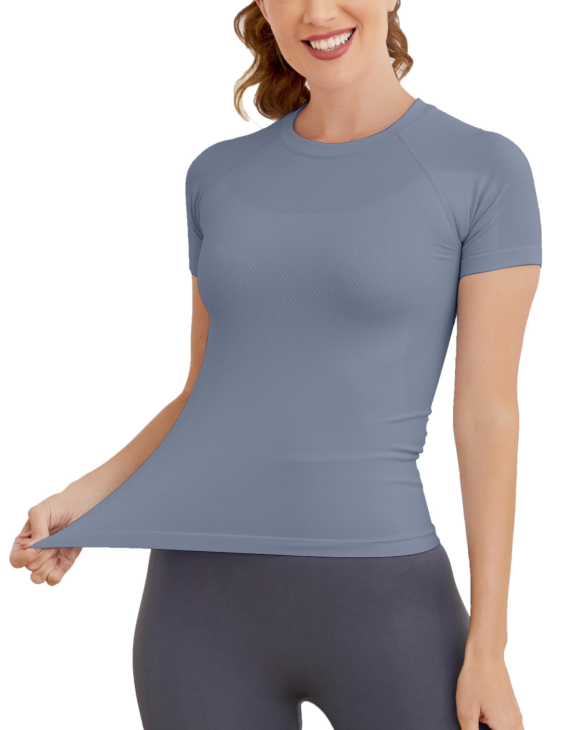 MathCat Workout Shirts for Women, Workout Tops for Women Short Sleeve, Seamless Yoga Shirts, Breathable Athletic Gym Tops Slim Fit Grey Blue