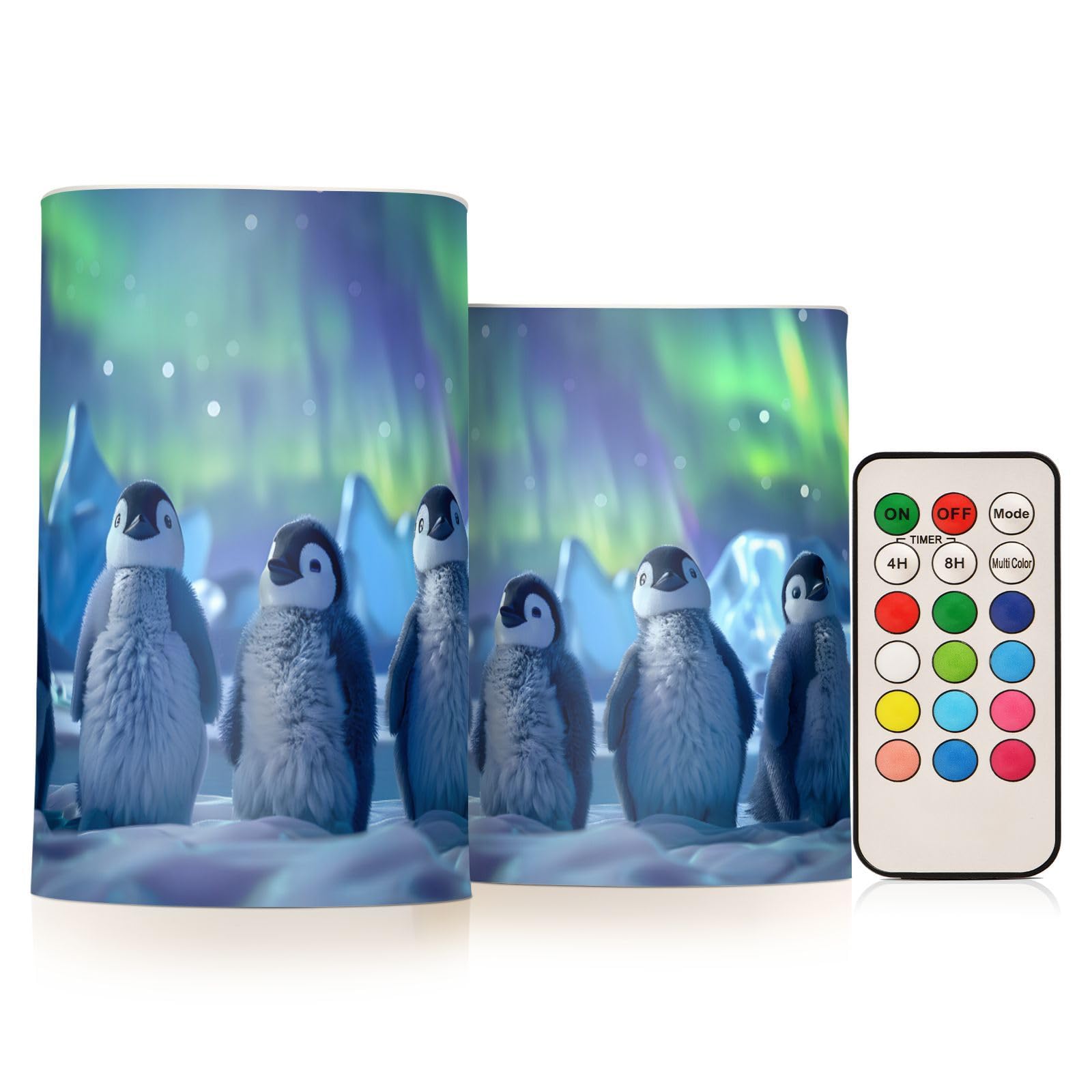Mnsruu Flickering Flameless Candles Penguins Aurora LED Candles with Remote Timer Set of 2 Battery Operated Candle Home Decoration