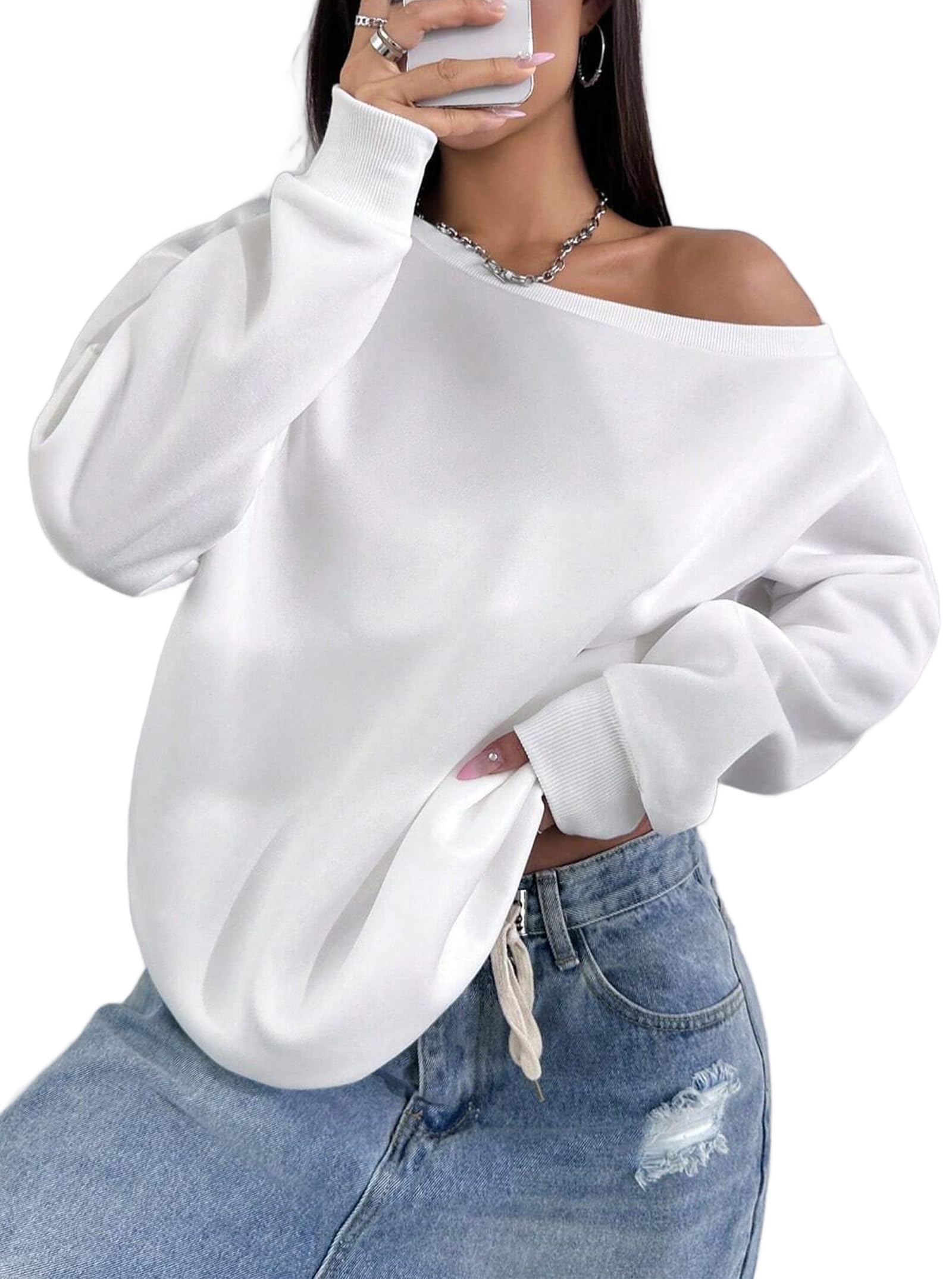 Remidoo Womens Off Shoulder Sweatshirt Drop Shoulder Oversized Long Sleeve Pullover Top