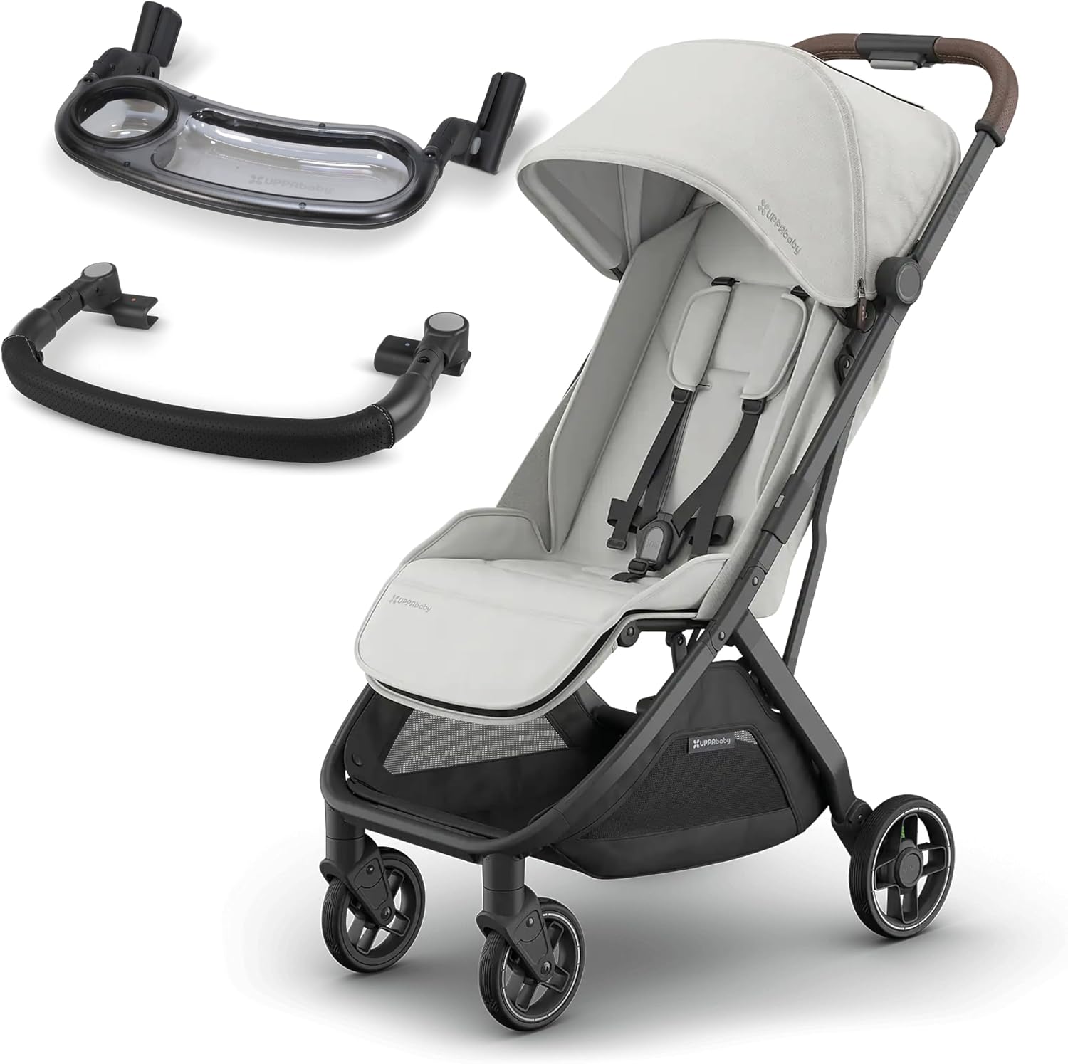 UPPAbaby MINU V3 Lightweight Travel Stroller Savannah + Bumper Bar Black & Snack Tray   One-Hand Fold, Compact, from Birth to 22kg, Includes Tray & Cup Holder for On-the-Go Convenience