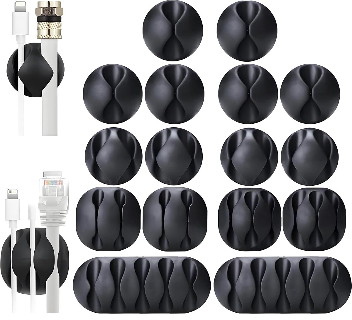 OHill Paquete de 16 organizadores de cables negros – Clips adhesivos para escritorio, pared, coche – Clips de gestión de cables para cargador de iPhone, USB, cables de computadora – Guardacables con fuerte respaldo adhesivo
