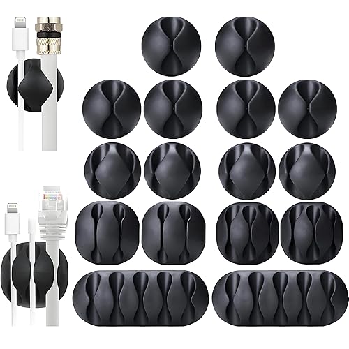 OHill 16-Pack Black Cord Organizer - Adhesive Cable Clips Holder for Desk, Wall, Car - Wire Management Clips for iPhone Charger, USB, Computer Cables -Cord Keepers with Strong Sticky Backing