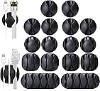 OHill 16-Pack Black Cord Organizer - Adhesive Cable Clips Holder for Desk, Wall, Car - Wire Management Clips for iPhone Charger, USB, Computer Cables -Cord Keepers with Strong Sticky Backing