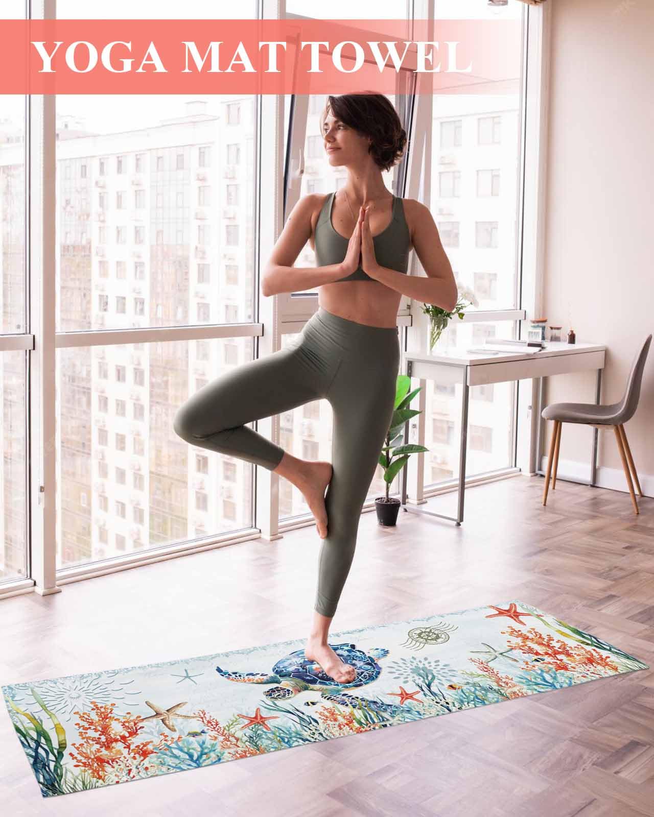 BOSIJOY Yoga Mat Towel,Summer Ocean Turtle Coral Starfish Non Slip Sweat Absorbent Hot Yoga Towels with Corner Pockets,Undersea World Seaweed Soft Microfiber Towel for Pilates Bikram 70