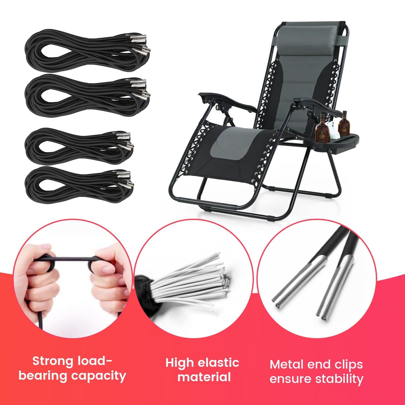 4 Pcs Zero Gravity Chair Replacement Cables, Replacement Recliner Chair Cable for Outdoor Furniture, Black Elastic Ropes for Patio Recliners 3