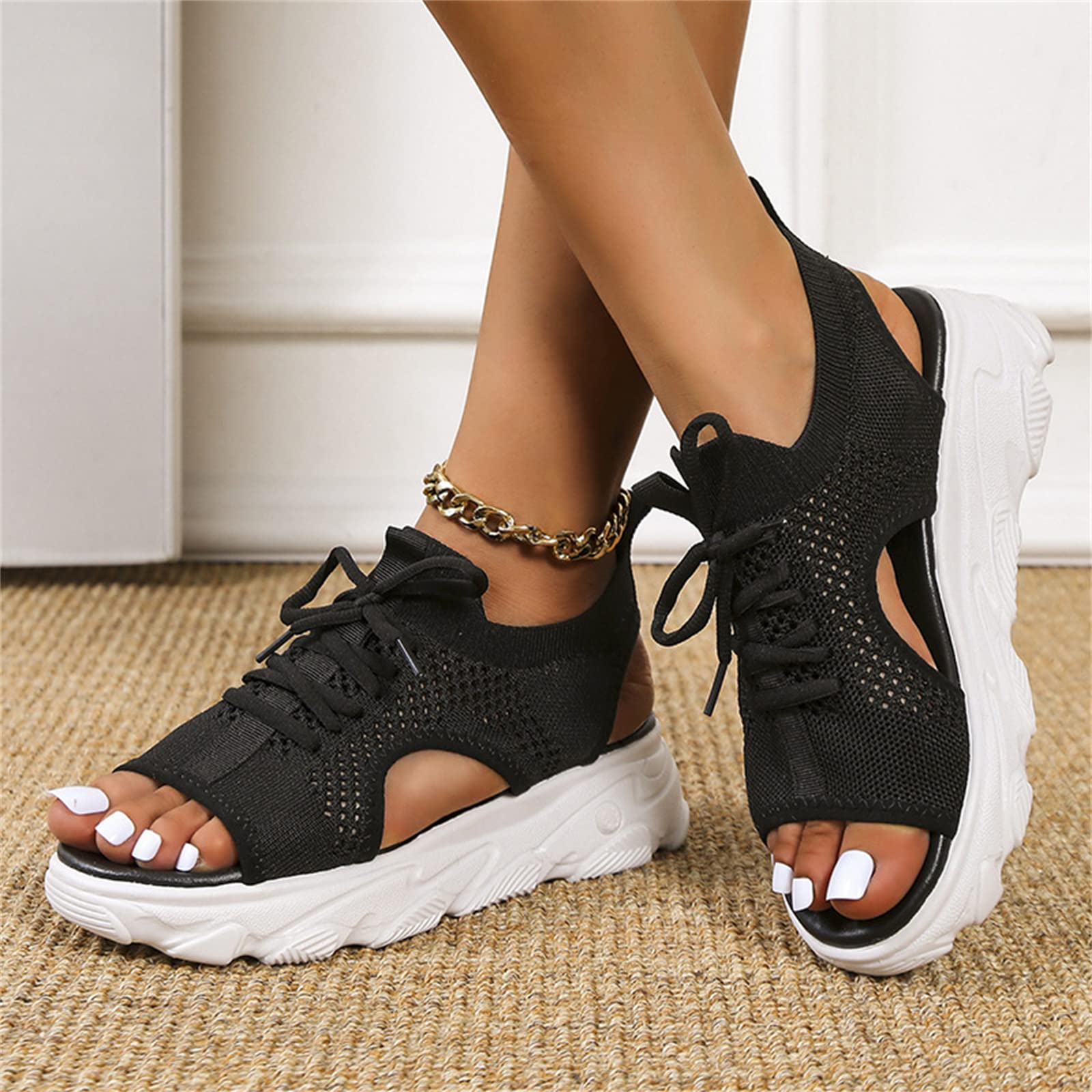DOIX Women's Sports Thick Sole Sandals Summer Lace Up Mesh Fish Mouth Sandals Casual Platform Wedge Sandals Elastic Slip on Walking Shoes Lightweight Open Toe Sneakers,Black,US4/EU35