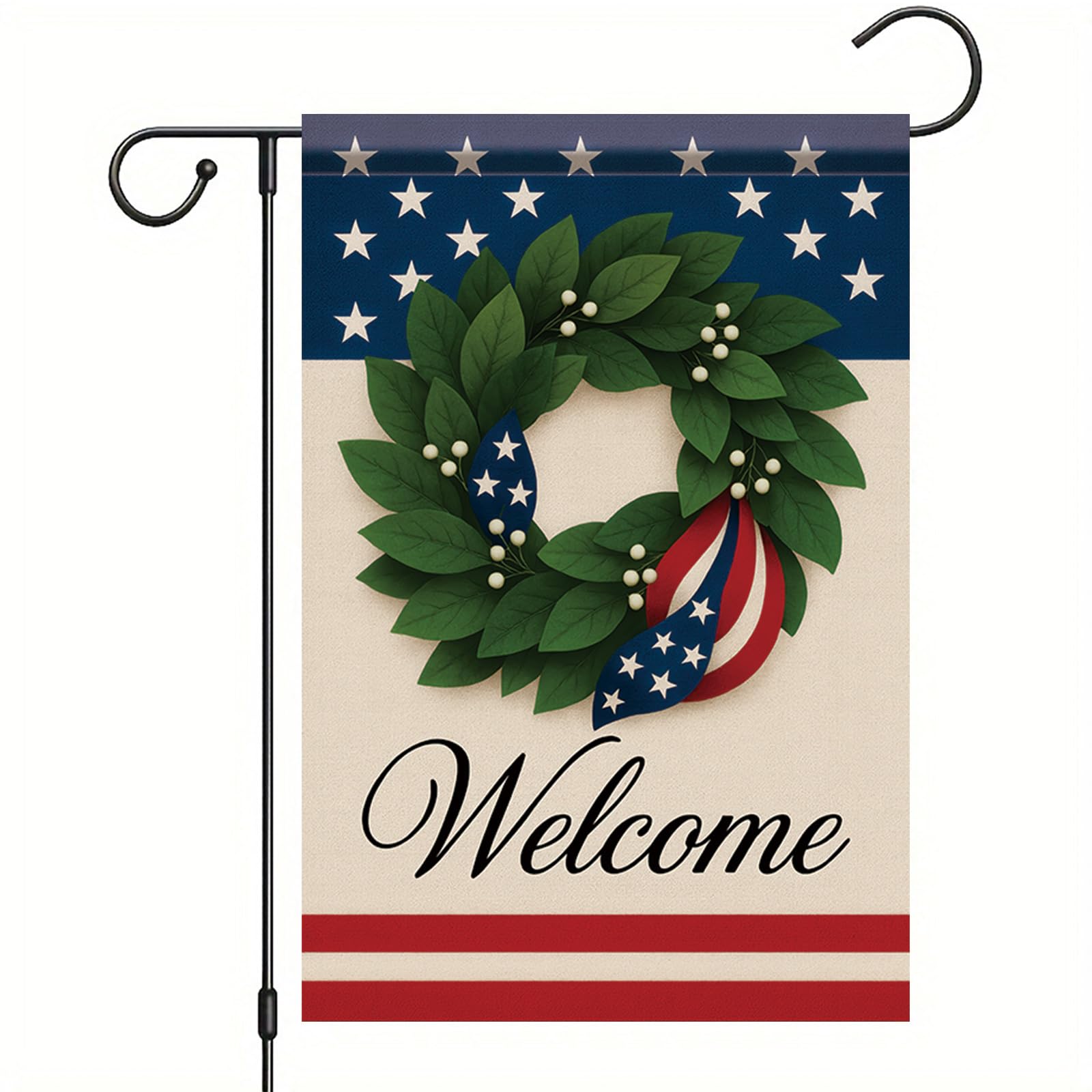 Starlit Patio Welcome Garden Flag Patriotic Wreath American Flag Elements Laurel Leaves Stars Fourth of July Outdoor Yard Decor for Porch Patio Lawn