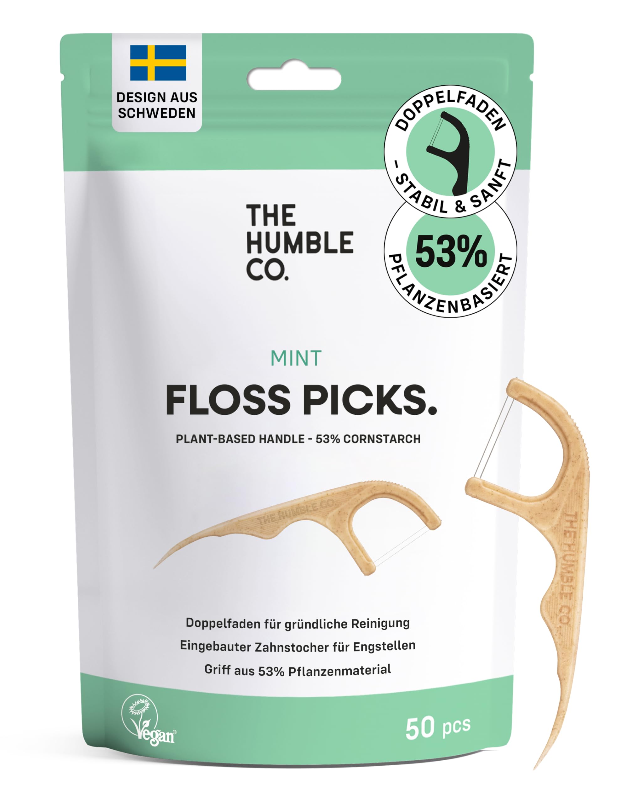 THE HUMBLE CO. - Dental Floss Picks - Mint Flavour - Slides Easily - Developed By Dentists - Designed in Sweden - Teeth Cleaning - Sustainable & Reusable - Vegan & Cruelty-Free - 50p