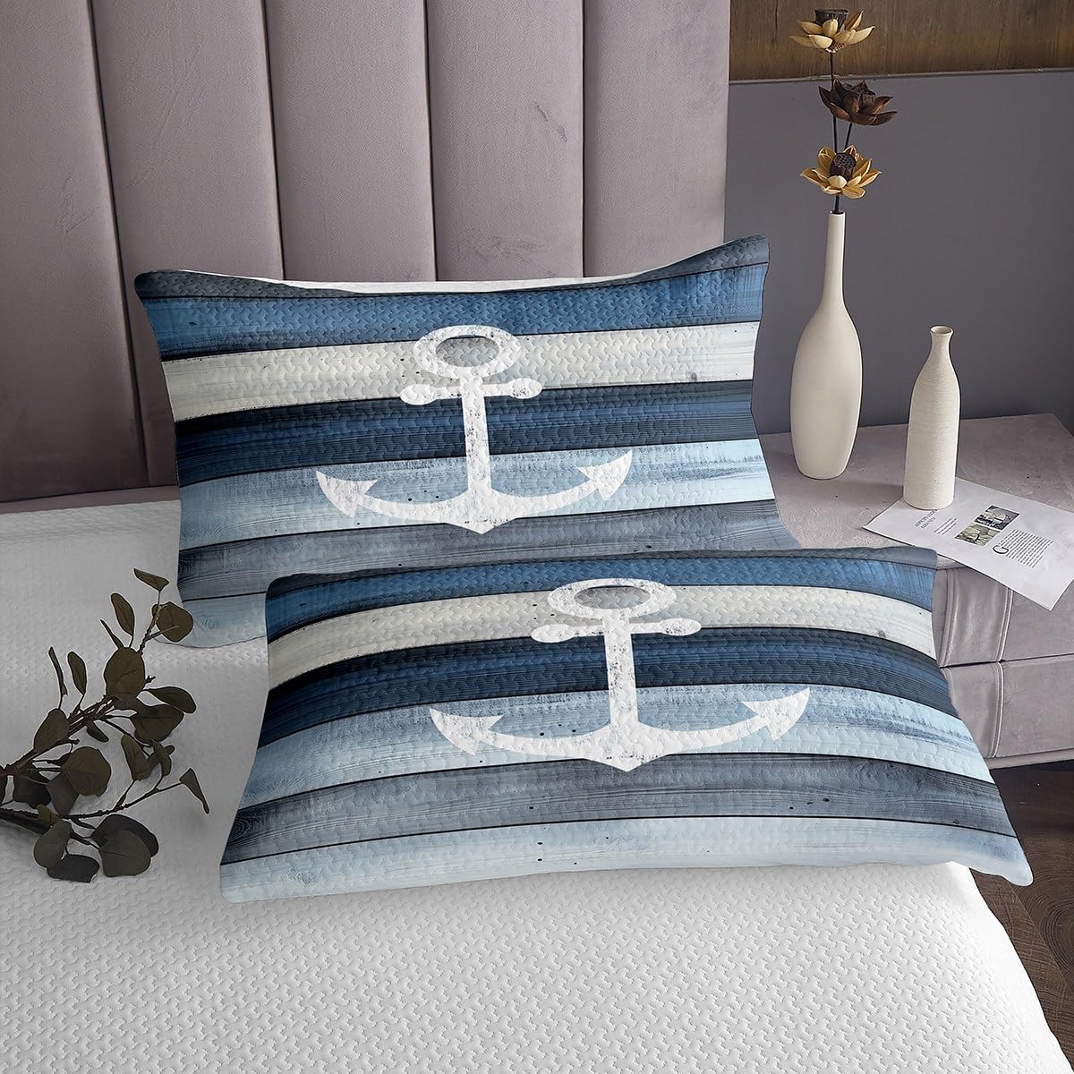 Homemissing Blauer Anker Dekor Bettüberwurf Nautische Steppdecke für Kinder Ozean Meer Abenteuer Küste Marine Holz Tagesdecke 220x240cm Zimmer Dekor Wohndecke Weich