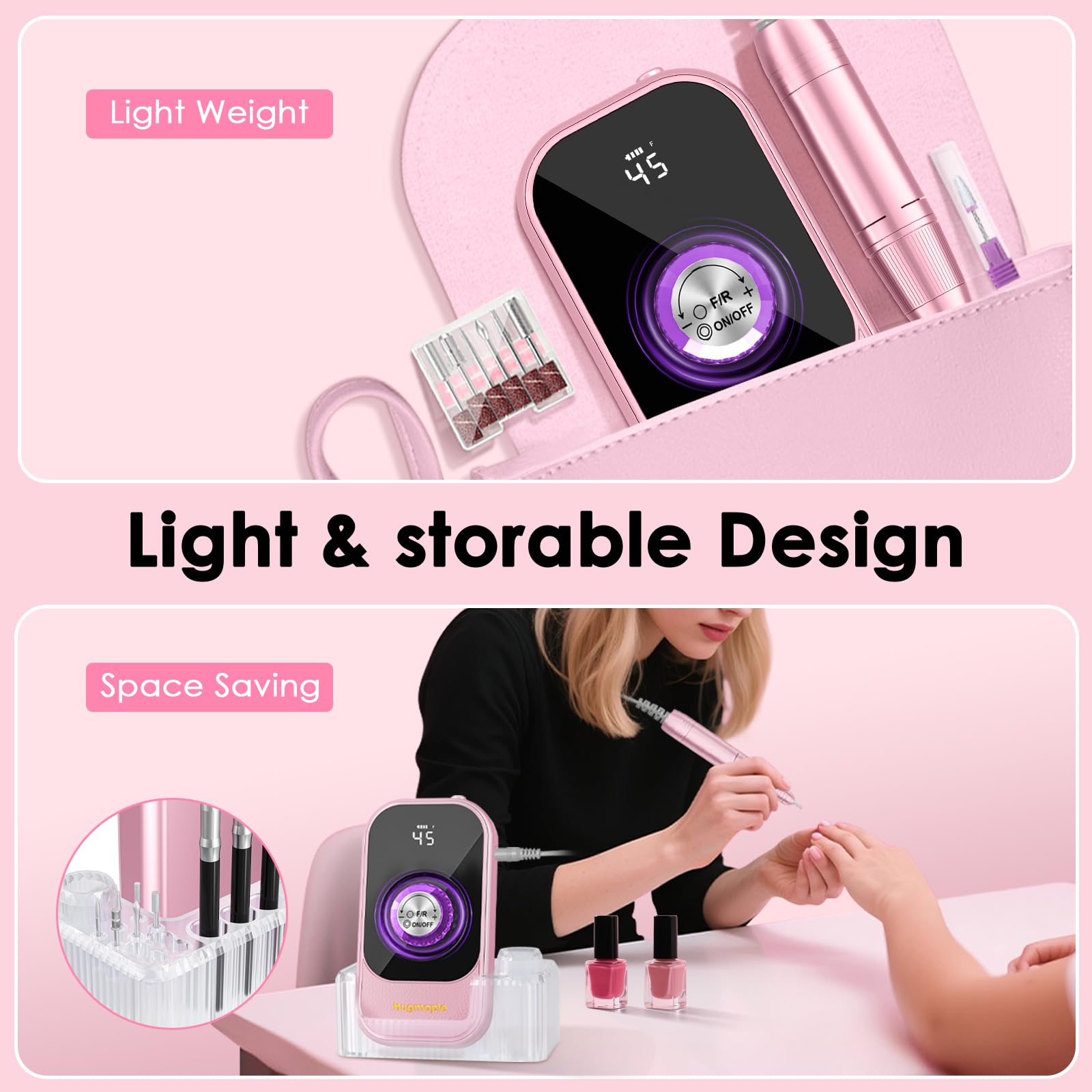 HUGMAPLE Lime à ongles électrique professionnelle 45 000 tr/min portable avec embouts et base, kit de perceuse à ongles sans fil rechargeable pour façonner, enlever et polir les ongles en gel pour