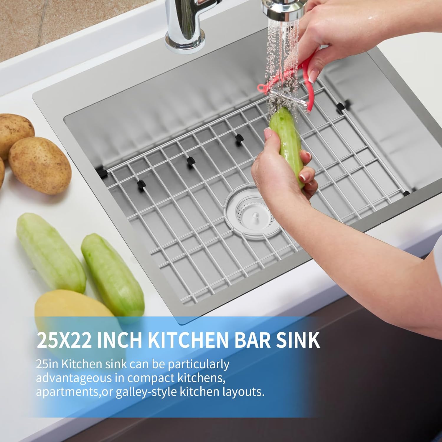 25x22 Inch Stainless Steel Kitchen Sink - Drop In Single Bowl Topmount Kitchen Sink Come With Bottom Grid, Silicon Mat And Drain Assembly Set Stylish and Modern Look Add Elegance & Enhance Usability