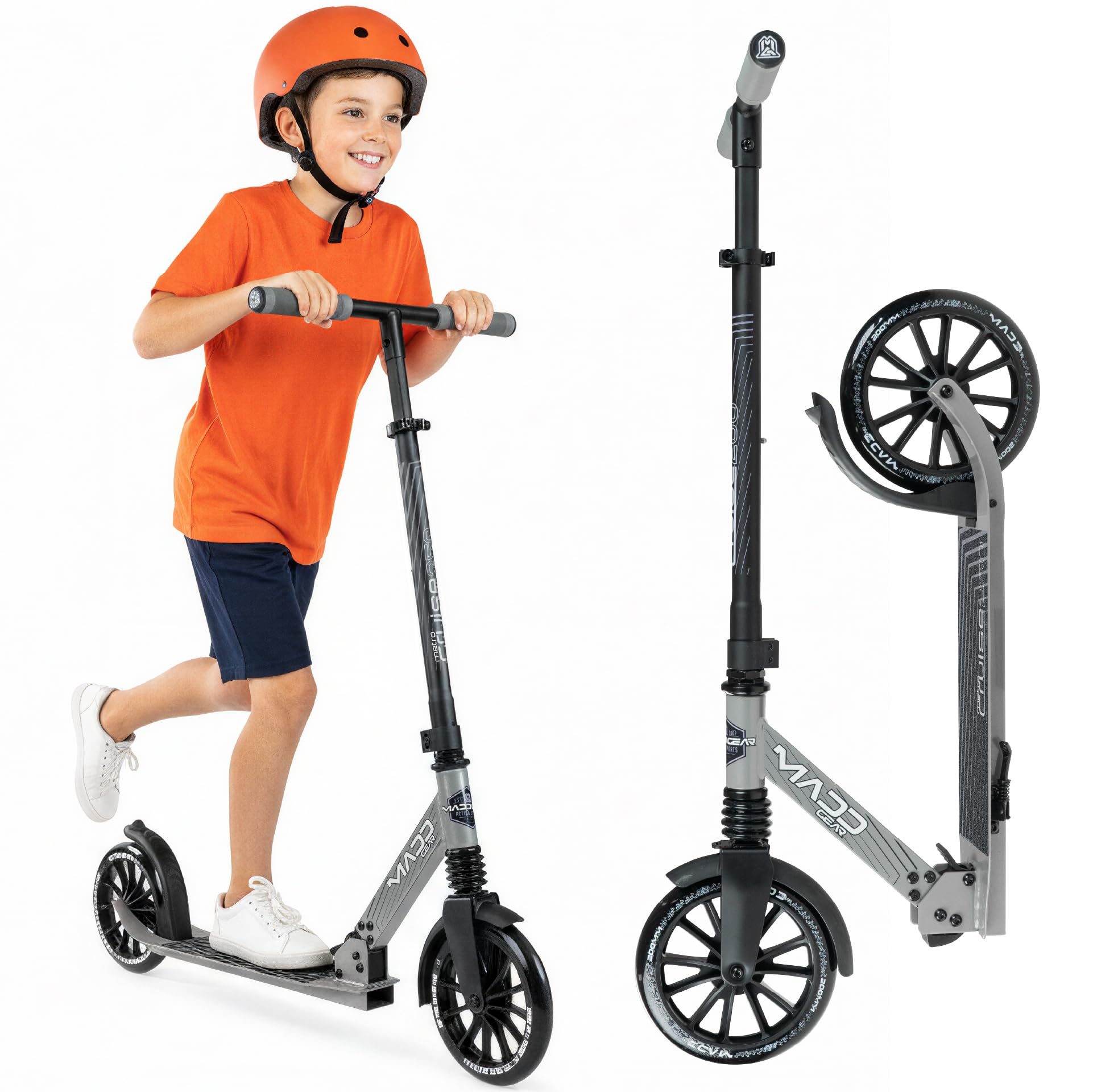 Madd Gear Metro 250 Folding Adult & Teen Scooter - Adjustable, Lightweight, 2-Wheel Commuter Scooter with Large Smooth Rolling Wheels (Black/Gray)