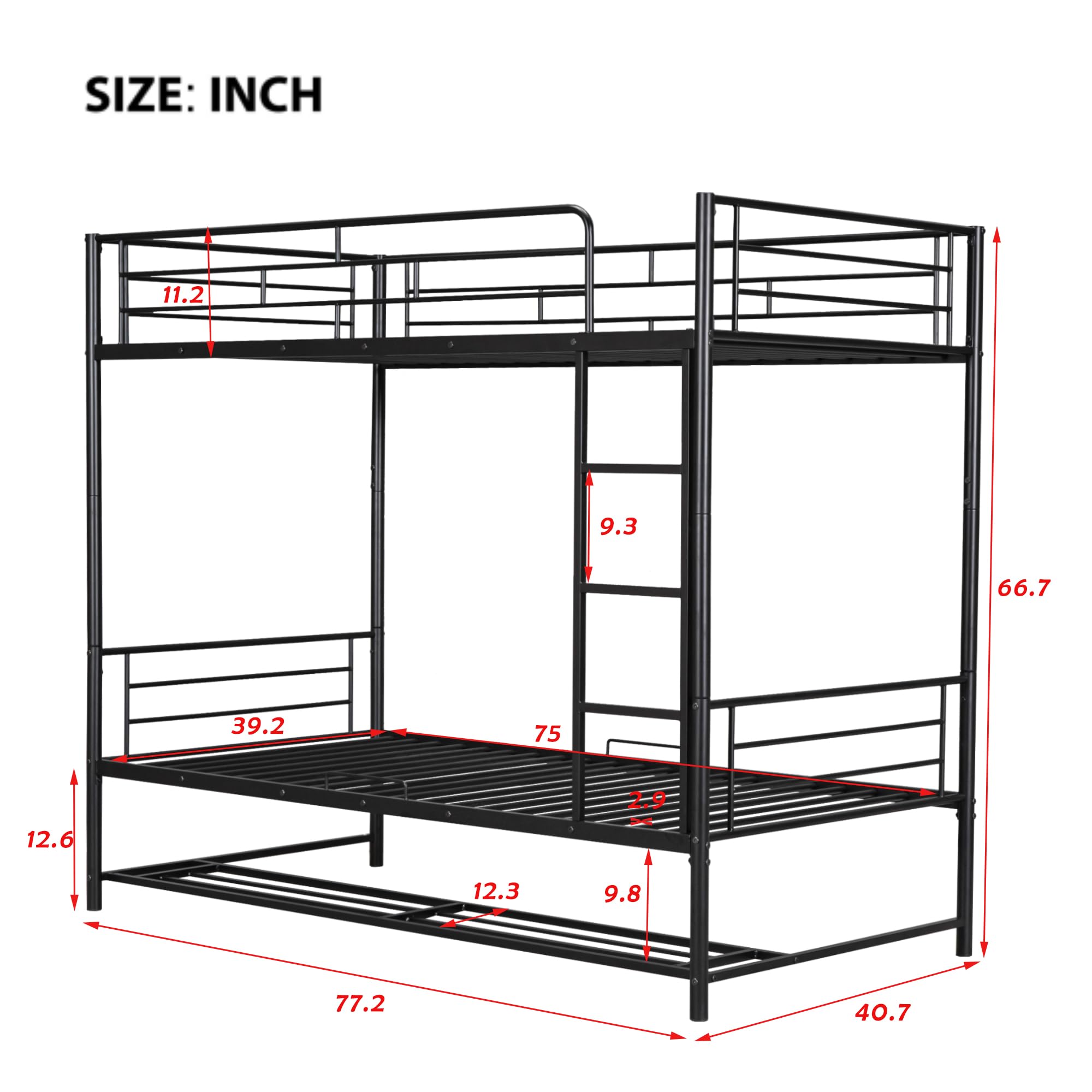 Merax Metal Twin Over Twin Bunk Bed with Shelf and Guardrails, Converted into Two Beds, Bunk Bed for Kids, Girls and Boys, No Box Spring Needed, Black
