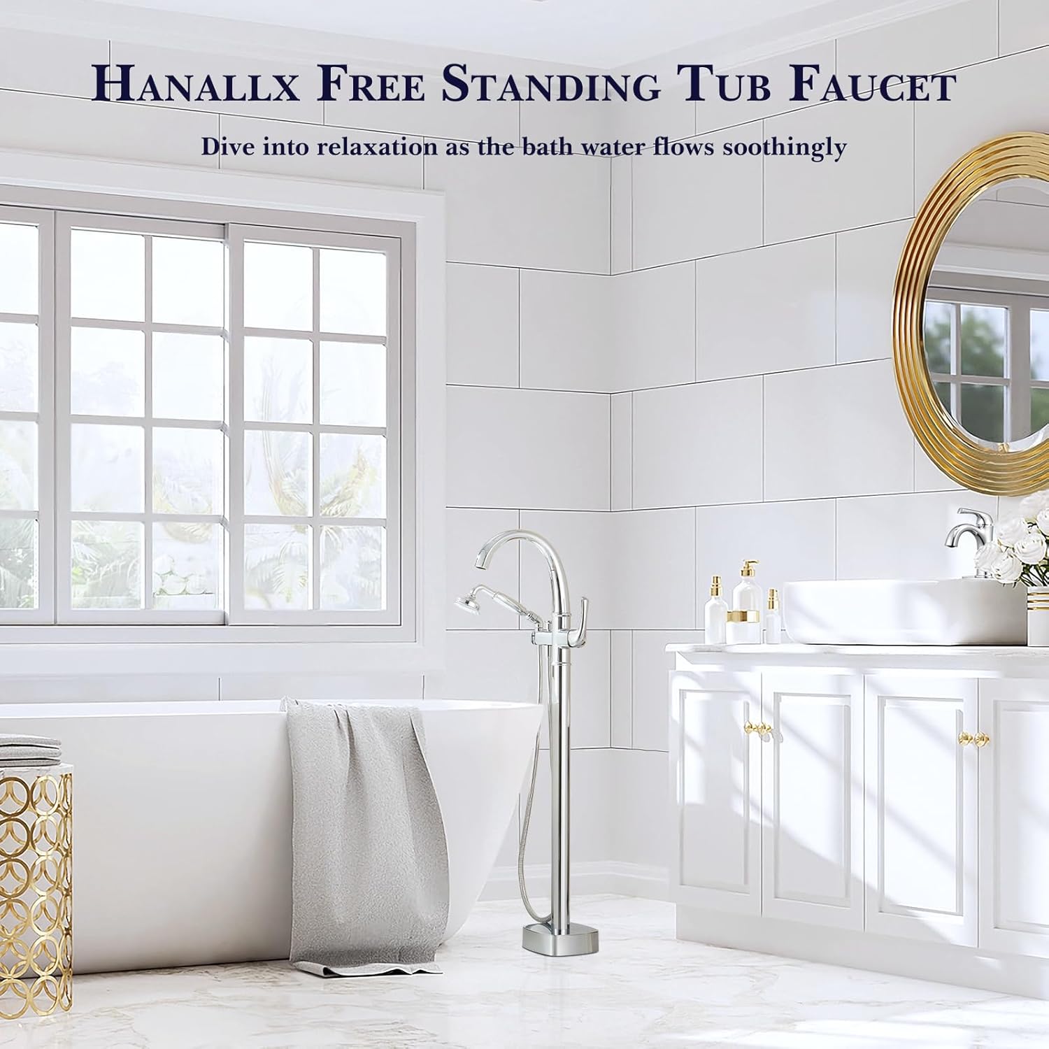 Free Standing Tub Faucet, Hanallx Luxury Polished Chrome Freestanding Bathtub Faucet with Sprayer, Premium Brass High Flow Rate Floor Mount Tub Filler Swivel Spout, Roman Tub Faucet Set（HM88011-CP）