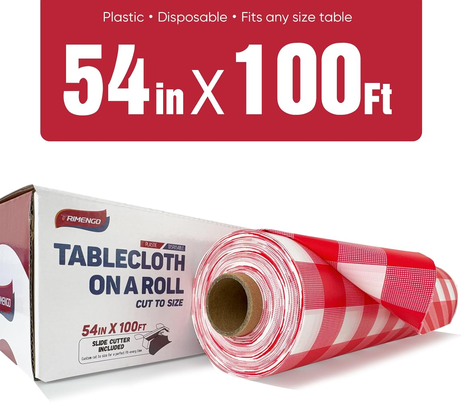 54in x 100Ft Red Gingham Plastic Table Cloth Roll with 12 Pcs Stainless Steel Clips, Disposable Table Cover Roll in A Cut-to-Size Box with Slide Cutter, Tablecloth for Parties, Birthdays - Image 2