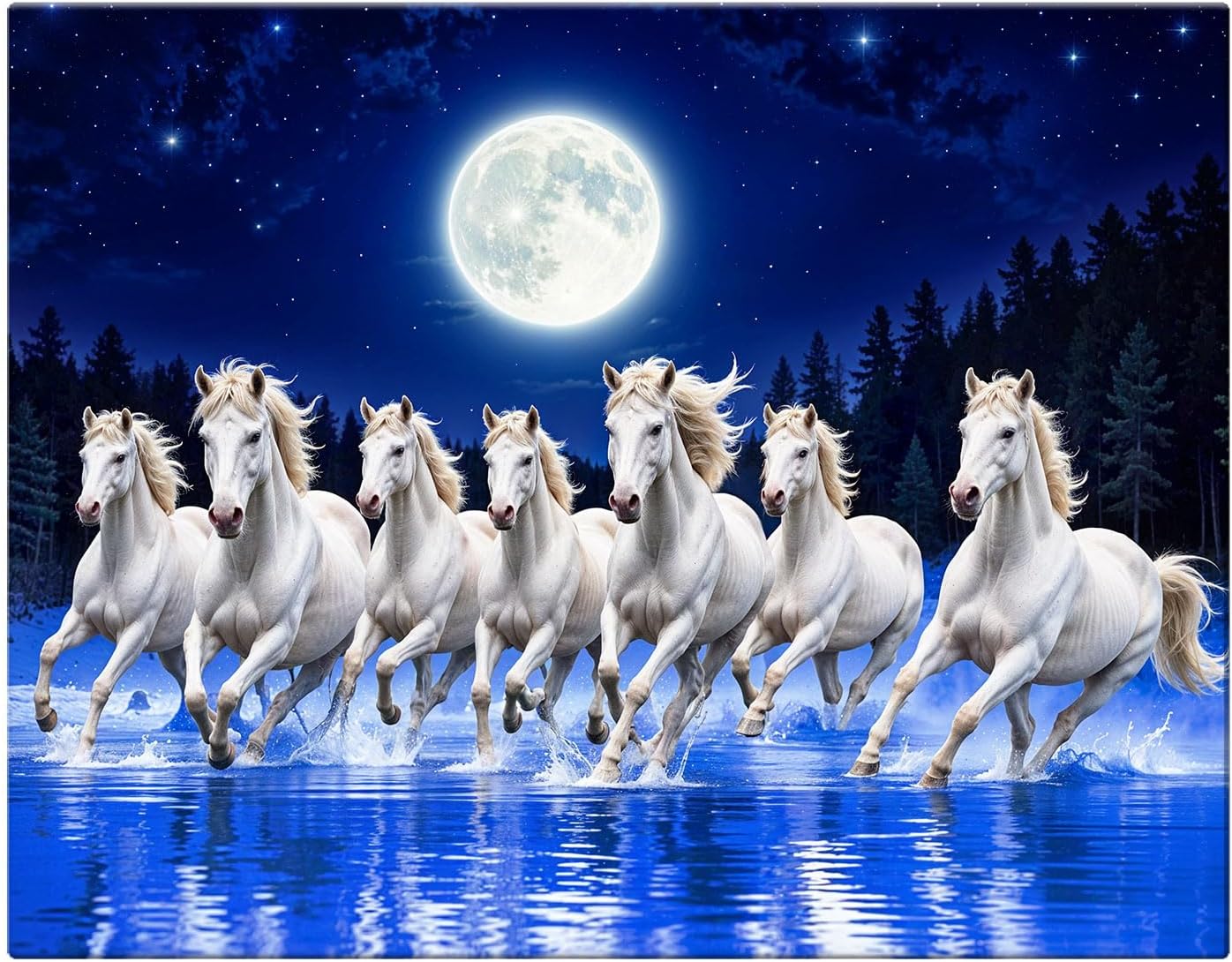 ArtX Canvas Big Size 7 Horses Vastu Frame Wall Art Painting, White Running Horses at Night Moon with Blue Background On Water Painting Vastu Wall Decor, Multicolor, Nature, 58.0 X 45.0 cm, Set of 1