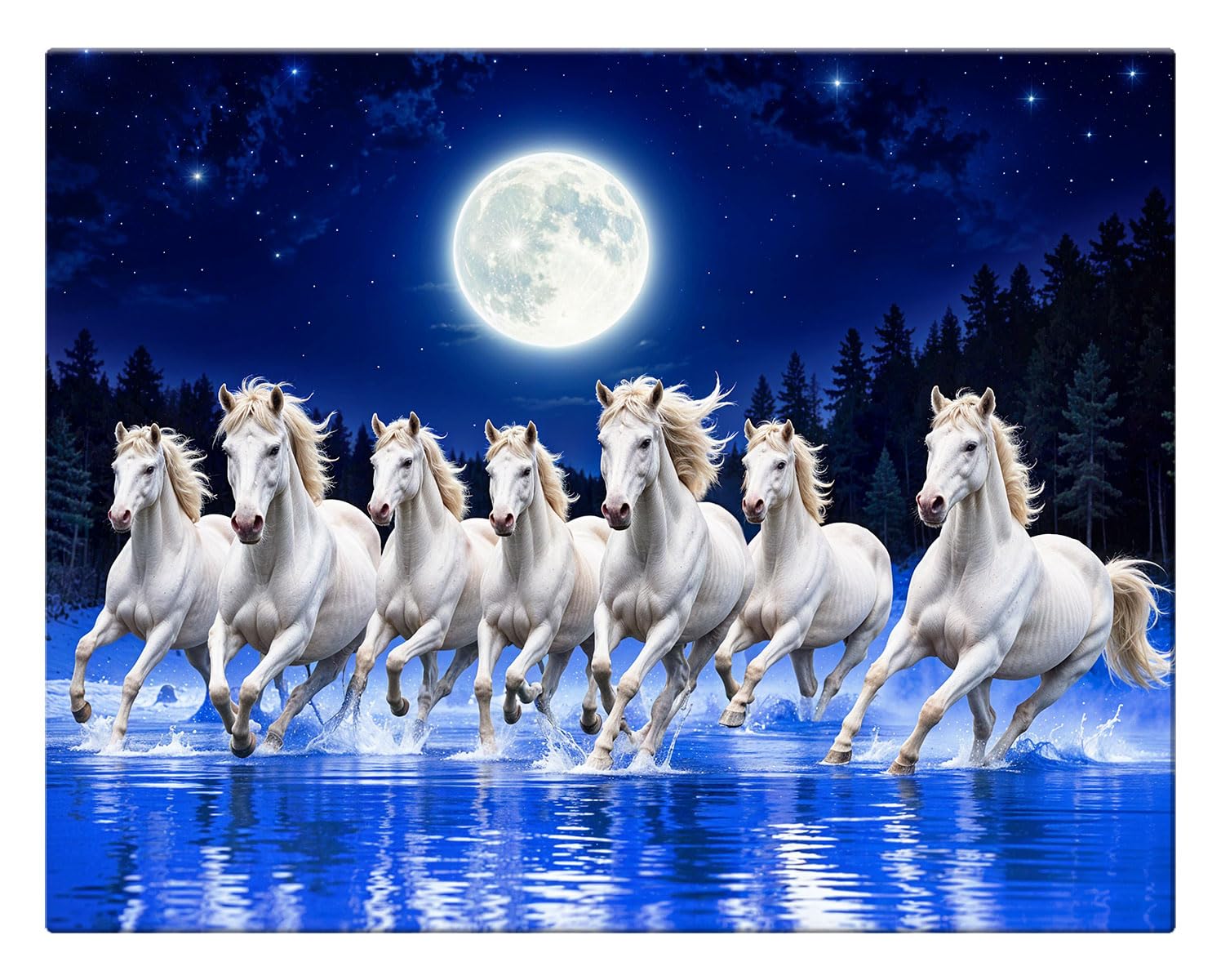 ArtX Canvas Big Size 7 Horses Vastu Frame Wall Art Painting, White Running Horses at Night Moon with Blue Background On Water Painting Vastu Wall Decor, Multicolor, Nature, 58.0 X 45.0 cm, Set of 1