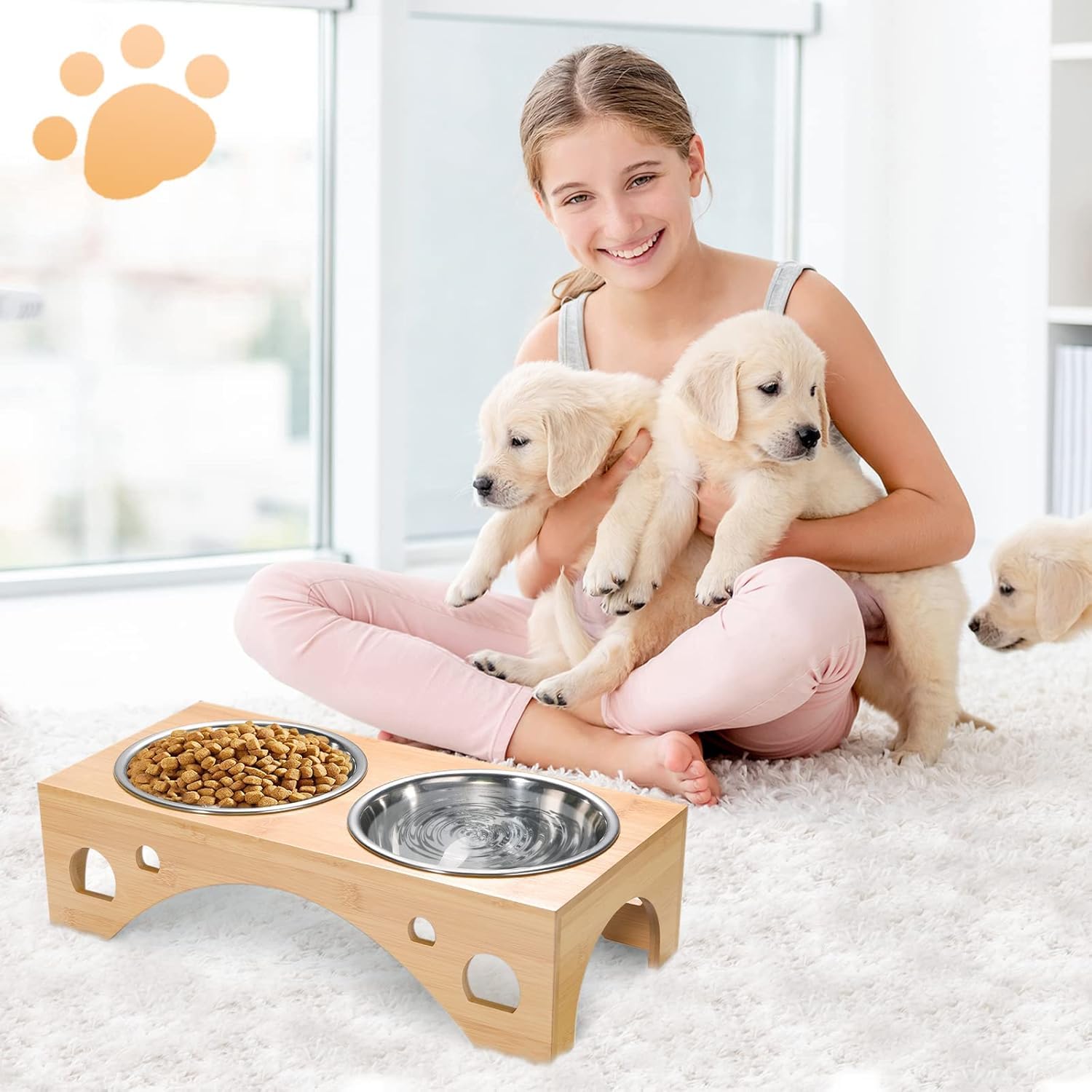 Comedero Perro Elevado, Comedero Alto Perro FoiiLiio con 2 Cuencos de Acero Inoxidable de 1100 ML, Platos para Perros con Soporte de Bambú