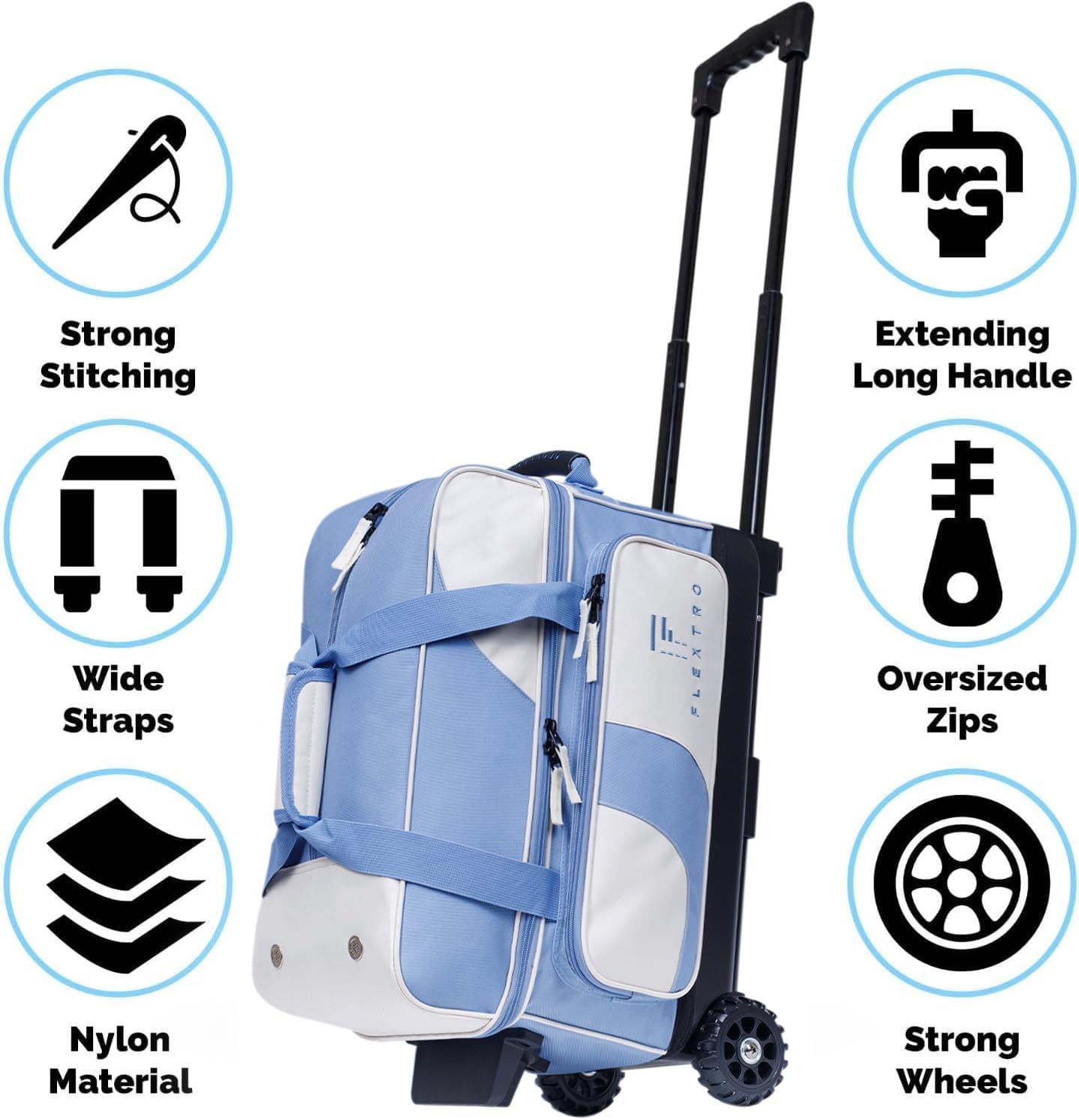 Flextro 3 Ball Bowling Bag with Wheels - Heavy Duty Rolling Bowling Bag for 3 Balls & Shoes - Premium Smooth Rolling System & Reinforced Frame