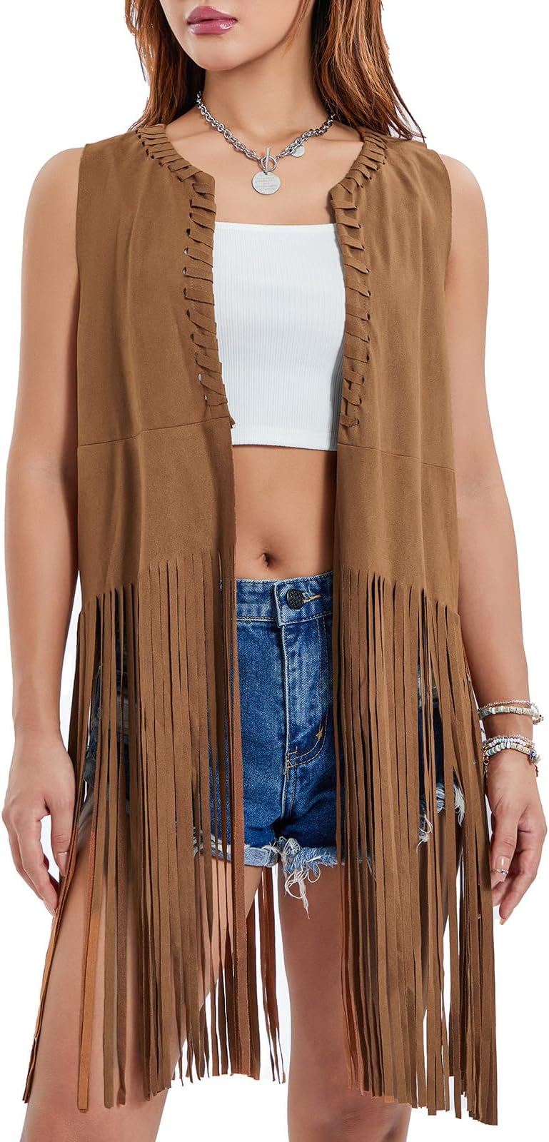 Faux Suede Fringe Vest Sleeveless Tassel Vest 60s 70s Disco Hippie Costume Outfit Western Cowboy Tops Jacket Cardigan