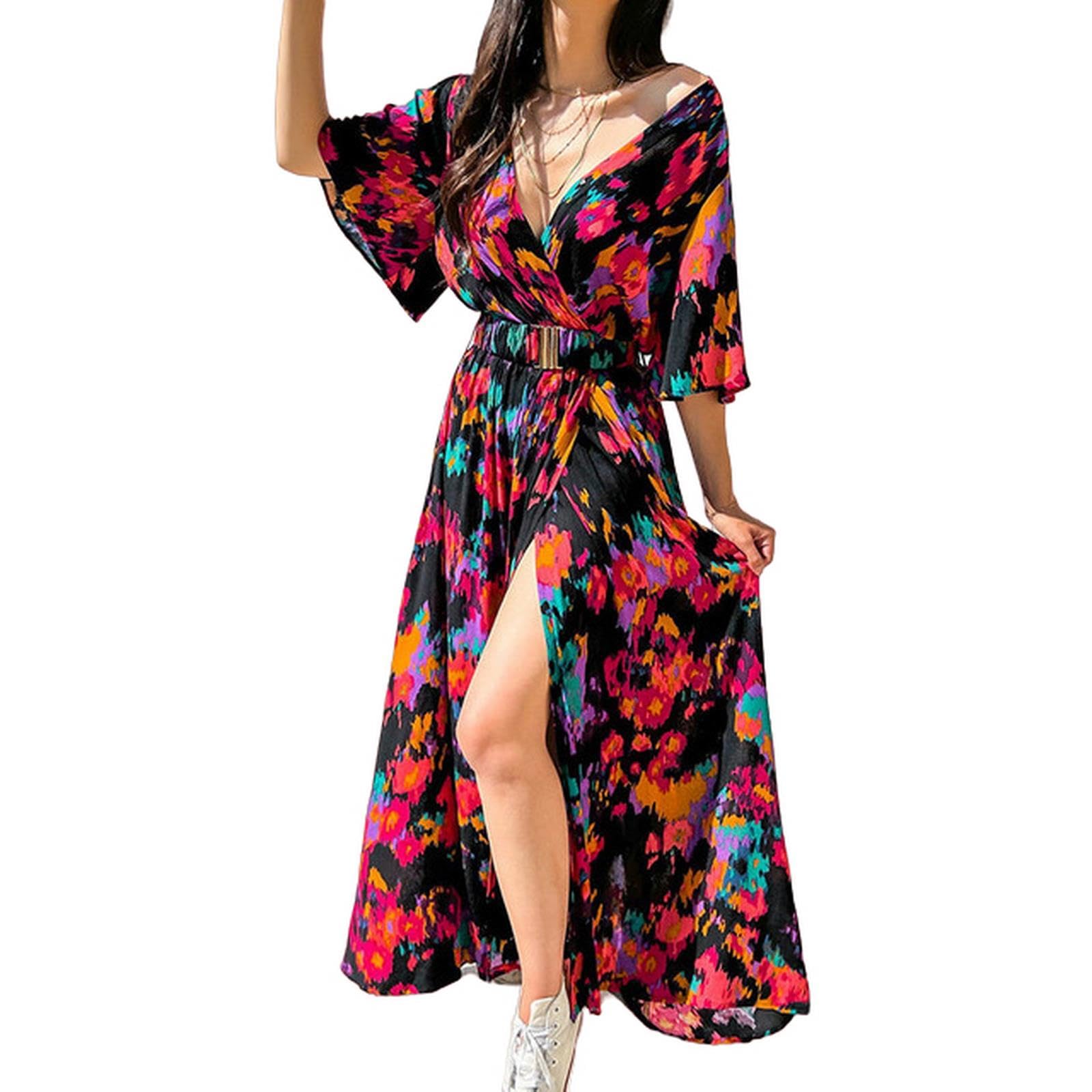 NOGRAX Letnie sukienki dla kobiet kwiatowy nadruk długa sukienka damska głęboki dekolt w serek z długim rękawem wysoka rozcięcie sukienka swingowa z paskiem eleganckie sukienki plażowe - czarna, S
