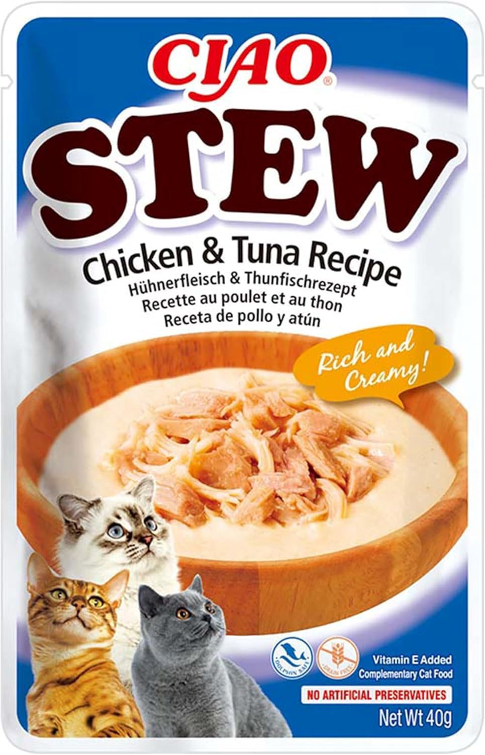 INABA Ciao Stew Katzenfutter Nass 86% Feuchtigkeit und Vitamin E, Premium Katzensuppe mit Huhn & Thunfisch 40 g (1er Pack), 100% natürliches Fleisch, Getreidefrei, Zuckerfrei