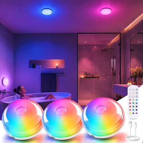3-Pack Waterproof Shower Lights for Inside Shower, Rechargeable Mood Lighting with Remote＆ Touch Control, Wireless Ceiling Light for Bathroom, LED Shower Lamp for Night Shower & Relaxing Routines
