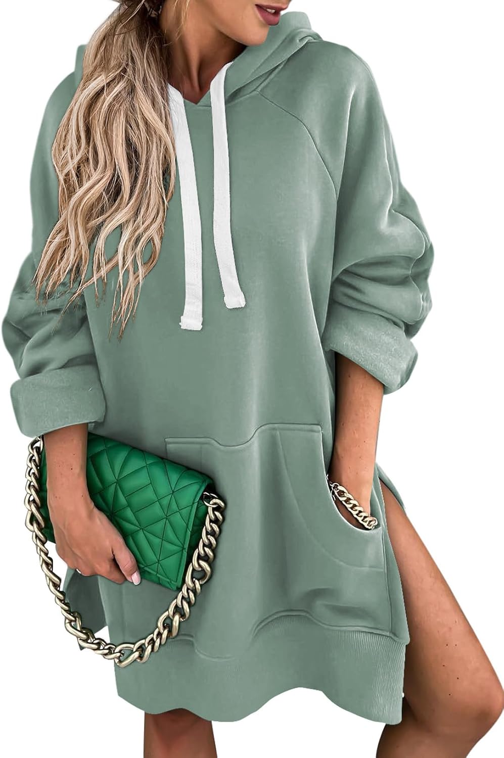 SHEWIN Women's Oversized Casual Pullover Long Sleeve Split Hem Drawstring Hoodies Dress With Kangaroo Pocket