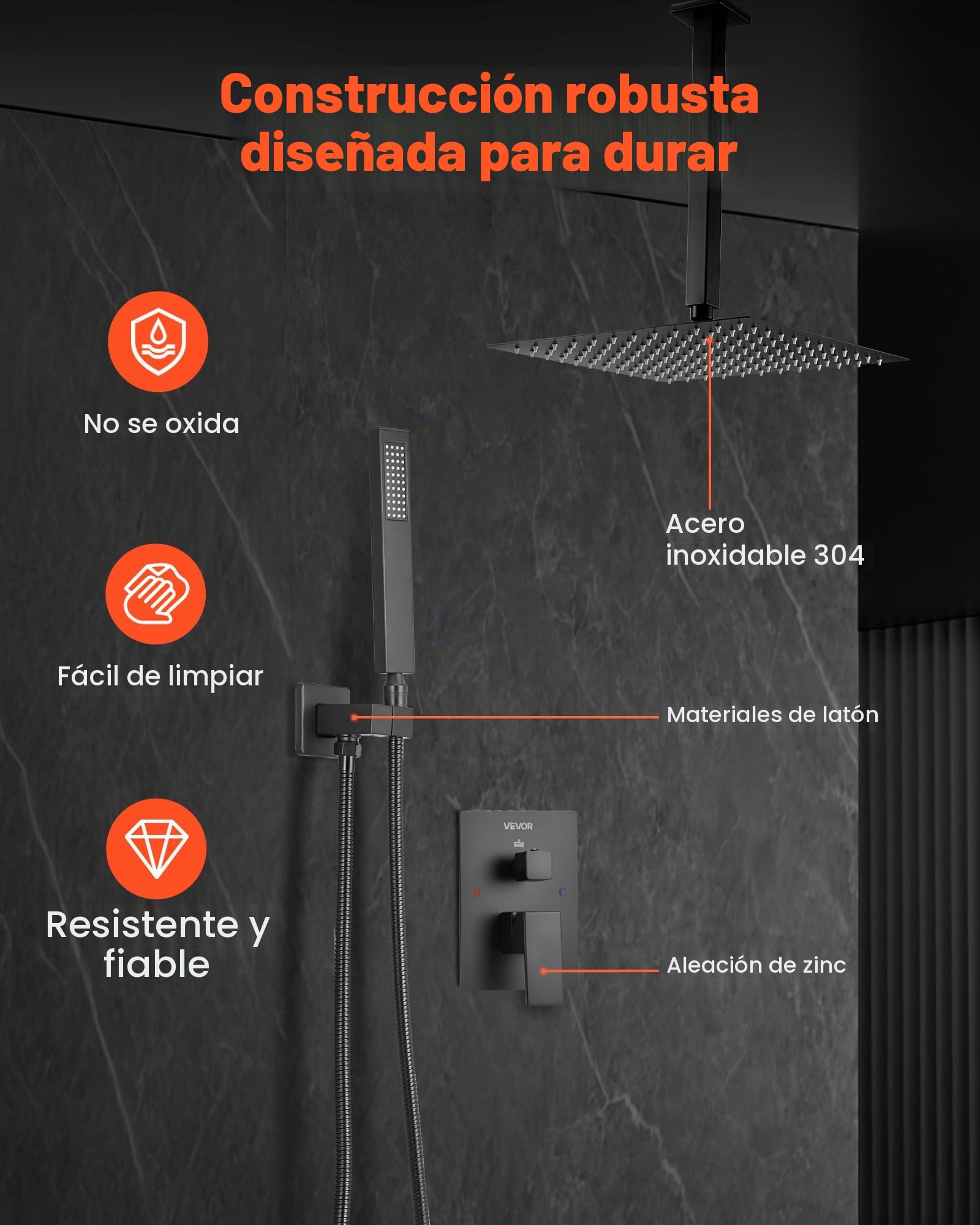 VEVOR Juego de Grifo de Ducha de Lluvia con Cabezal de Ducha Cuadrado de 30,5 cm y Rociador de Mano, Grifería de Techo con Válvula de Latón y Kit de Embellecedor, Color Negro Mate, 6,7 L/min