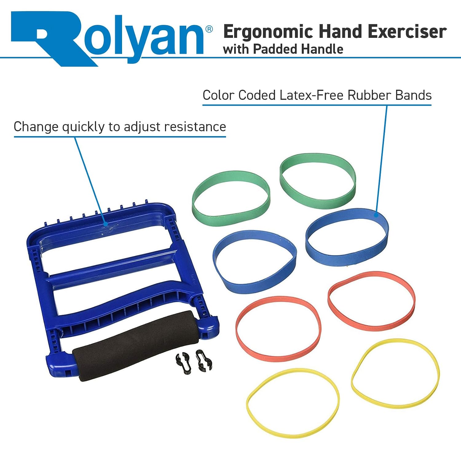 Rolyan Ergonomic Hand Exerciser with Padded Handle, Adjustable Squeeze Tool, 4 Pairs of Rubber Bands for Progressive Resistance, Improves Hand Grip Strength in Fingers, Hand, & Thumb, Blue