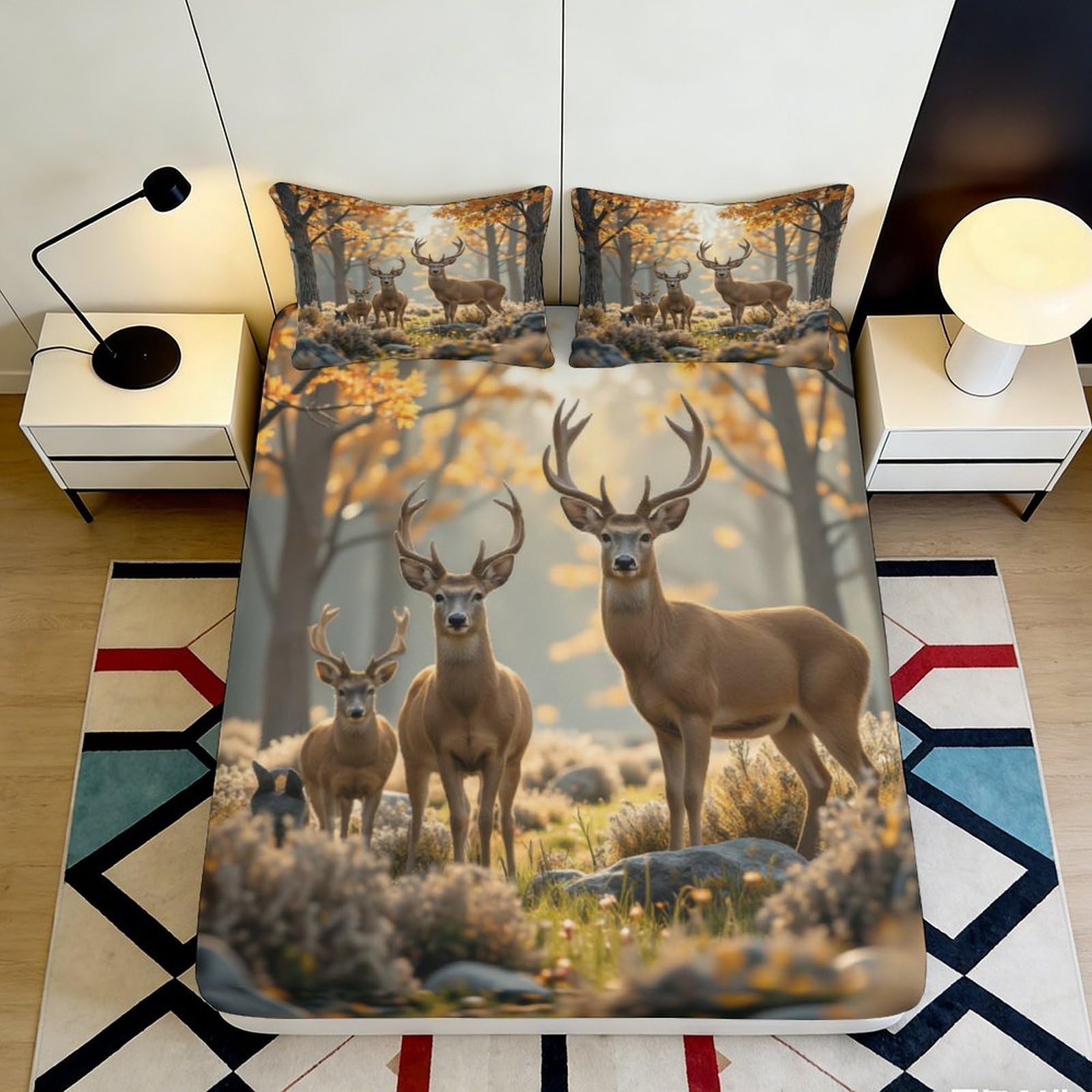 Rustic woodland decor 3D Printed fitted sheet deer pattern, soft touch microfiber bedroom, apartment bedding piece 160x200x25cm