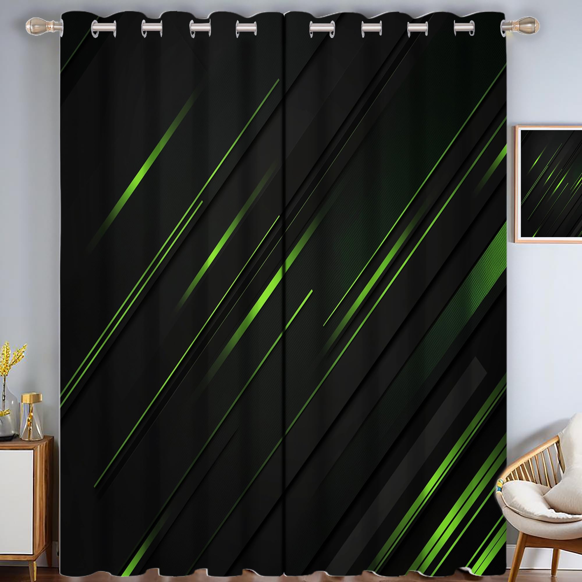 Rideaux occultants salon et chambre avec imprimé géométrique noir de carbone 140x175