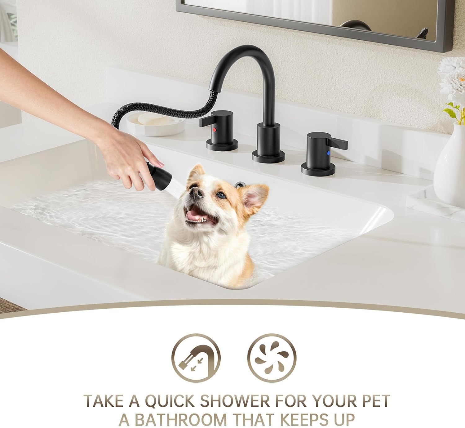 Phiestina Pull Down Sprayer Matte Black Widespread Bathroom Sink Faucet, 8 Inch 2 Handles 3 Hole Pull Out Bathroom Faucet，with Metal Pop-Up Drain and Water Supply Line，BF04012-K01-MB