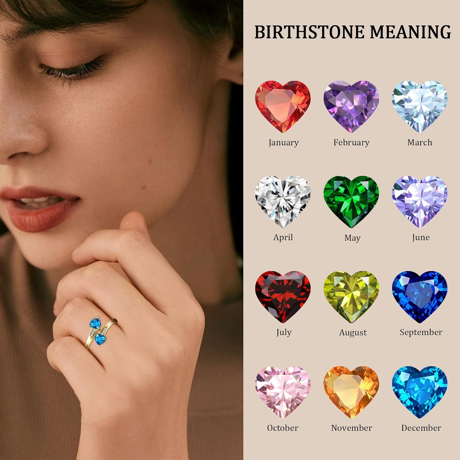 1CT Adjustable Women Heart Ring 14K Gold Plated Birthstone Rings for Women Promise Ring for her Simulated Gemstone Statement Stackable Band Width 2mm Open Size 5~9 - Image 4