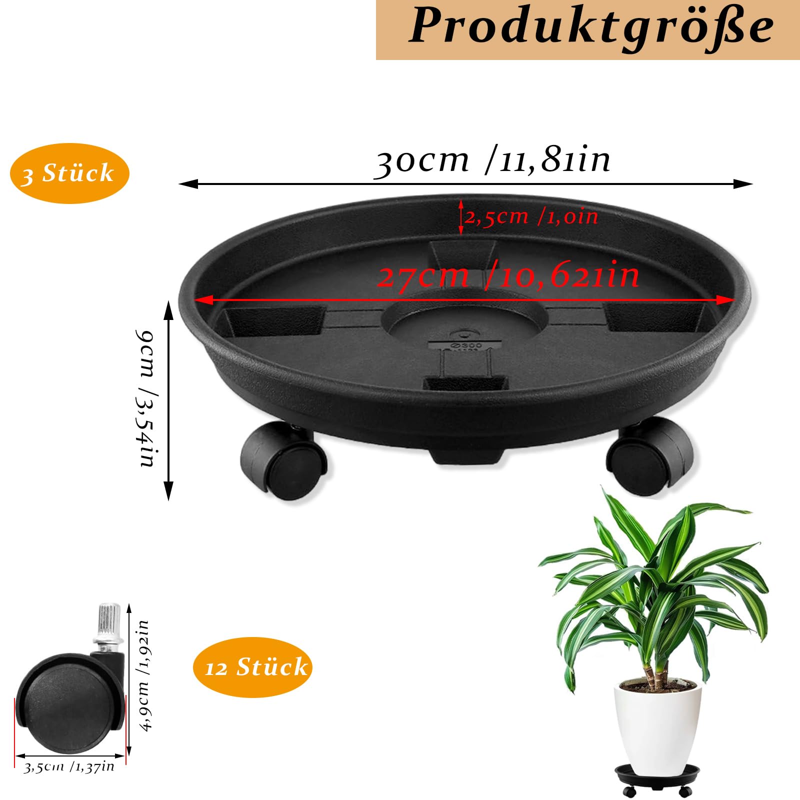QWORK Bloempotstandaard 3 Stuks – Kunststof Plantenschild Met Wieltjes, 30 Cm Diameter, Draagkracht 50 Kg Per Stuk, Voor Binnen En Buiten