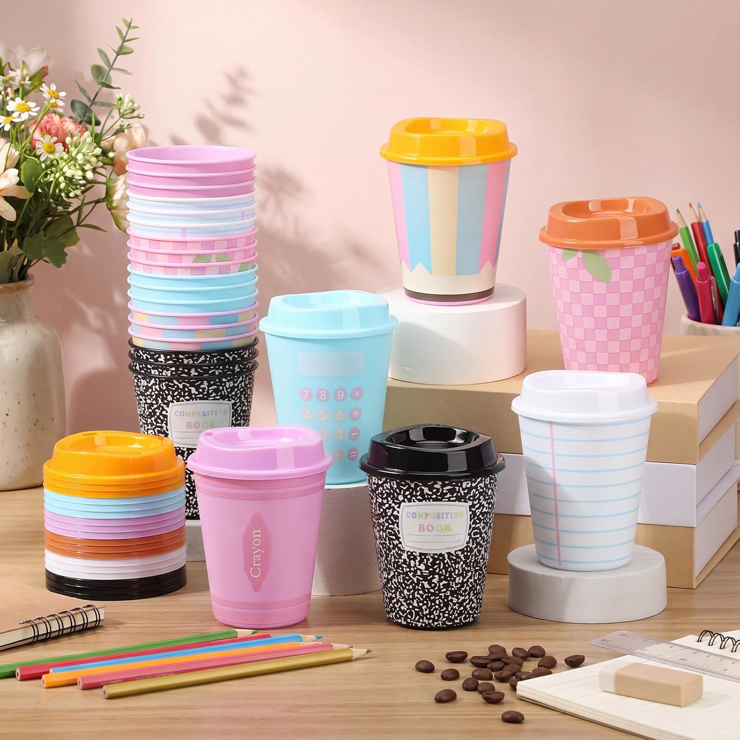 Skylety 24 Pcs Back to School Cups Bulk 12oz Classic and Pastel Style Reusable Plastic Coffee Cups with Lids First Day of School Gifts for Teachers Students Party Favors Supplies (Pastel)