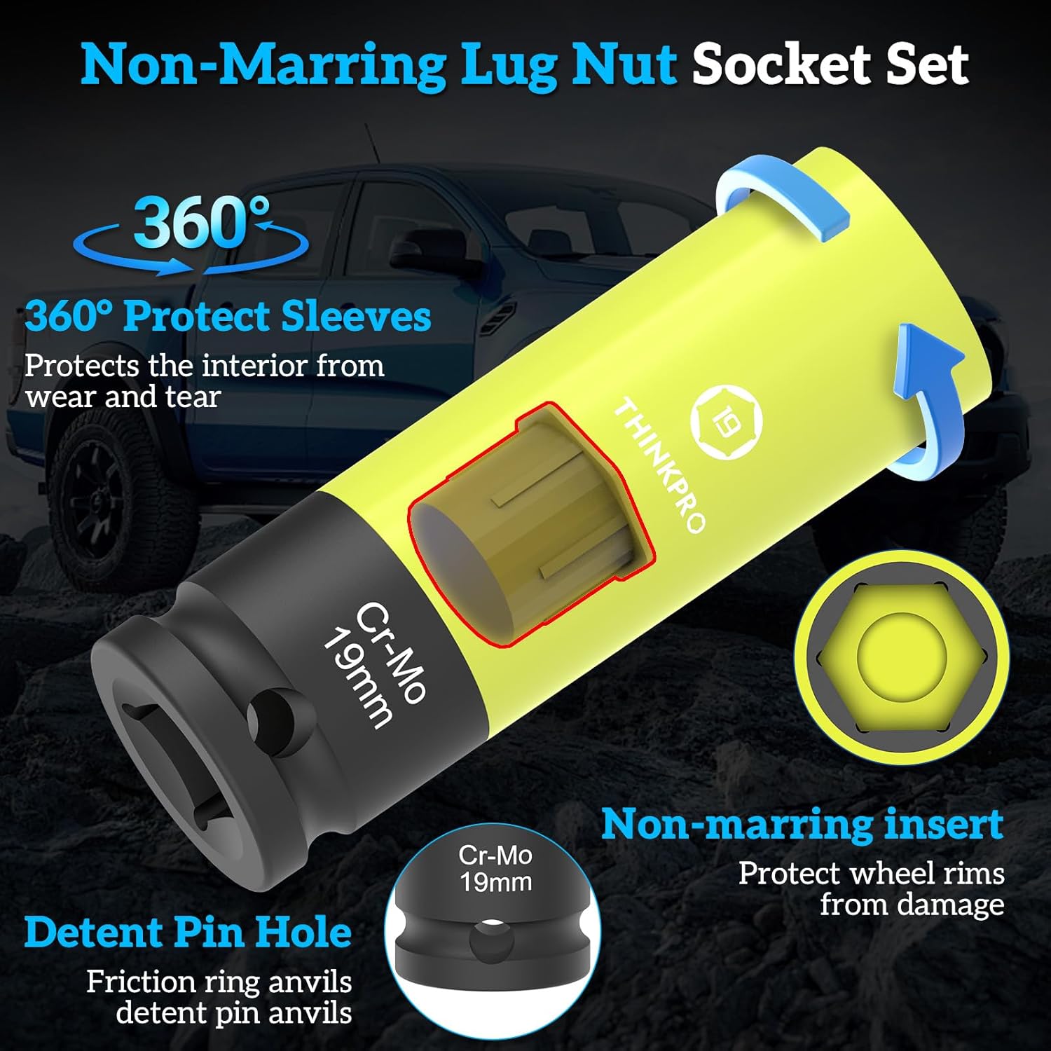 Impact Lug Nut Socket Set-7 Pieces Thin Wall Impact Sockets,17,19,21 mm Non-Marring Deep Wheel Lug Nut Sockets Come with Bolt Extractor for Anti-Theft Wheel Nuts