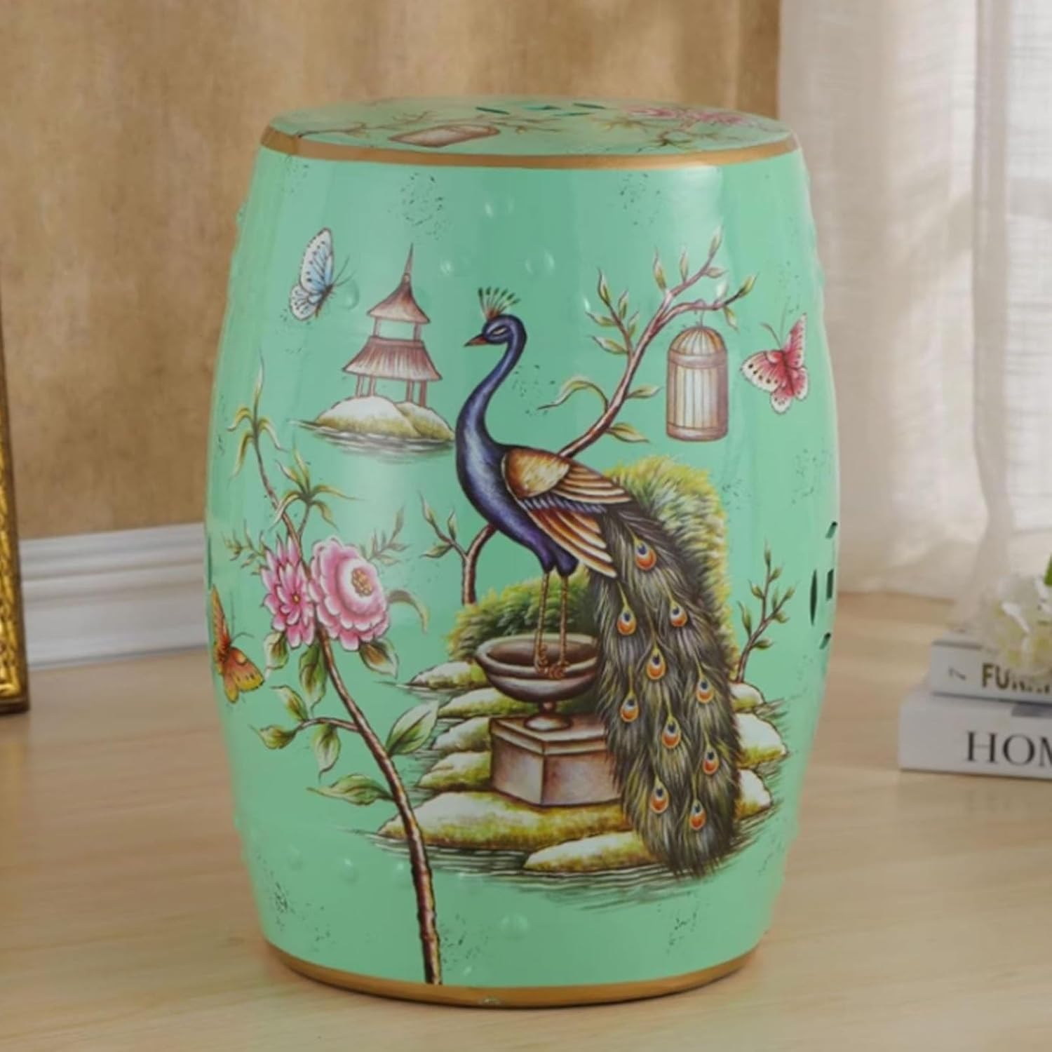 Decorative Ceramic Garden Stool, Glazed Hollow Peacocks Paintings Drum Stool, Suitable for Terrace, Patio, Cottage(Green)