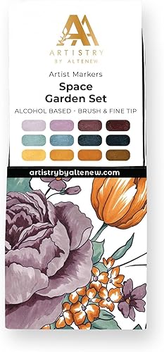 Altenew Space Garden - Paquete de marcadores de alcohol para artistas (juego I), juego de 12 piezas, marcadores de arte recargables de doble extremo