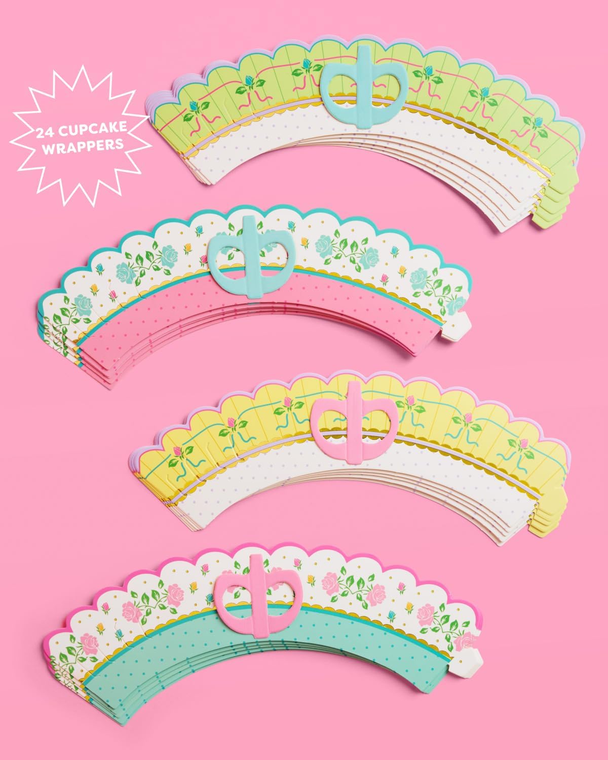 xo, Fetti Tea Party Cupcake Wrappers - 24 Pc Set | Garden Party, Birthday Decorations, Easter, Spring Floral, Vintage Pastel, Bridal Shower, Gold Foil, Cupcake Holders