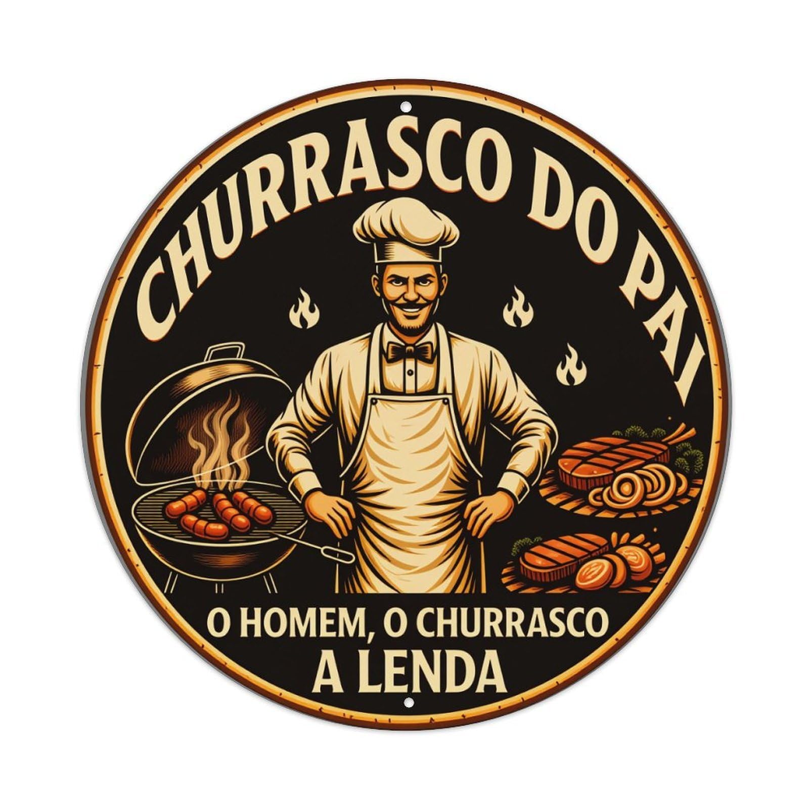 Chef Grilling Meat With Flames Round Tin Sign Vintage Style Metal Sign Home Bar Garden Wall Plaque Decor Metal Poster 8x8 Inch