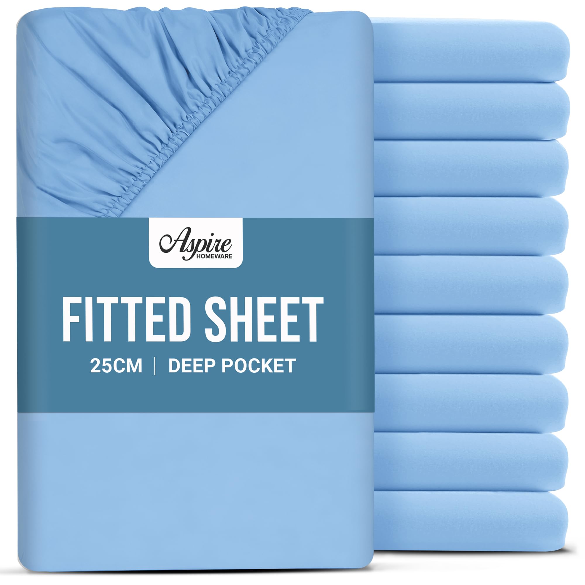 Aspire Homeware Single Fitted Sheet 10 Pack - 25 cm Deep Hotel Quality (Light Blue) Bed Sheets - Soft & Breathable Fitted Sheet Single Bed - Anti-Wrinkle Easy Care Fitted Sheets