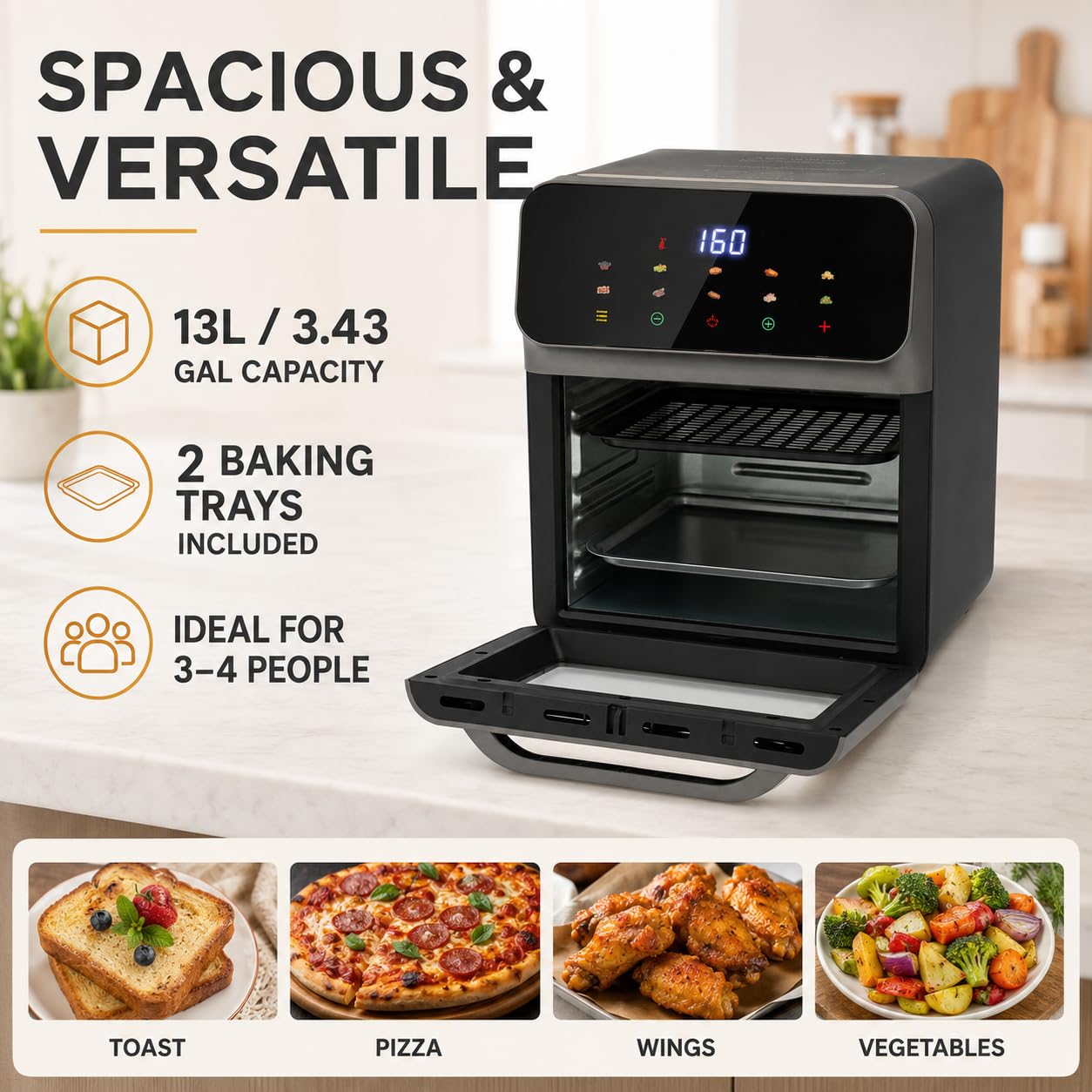 Piekarnik do pizzy 13 l, 1350 W, piekarnik elektryczny, piekarnik termoobiegowy, wielofunkcyjny piec z ekranem dotykowym LCD, rękawica i 2 blachy do pieczenia, timer 15-60 min i funkcja automatycznego