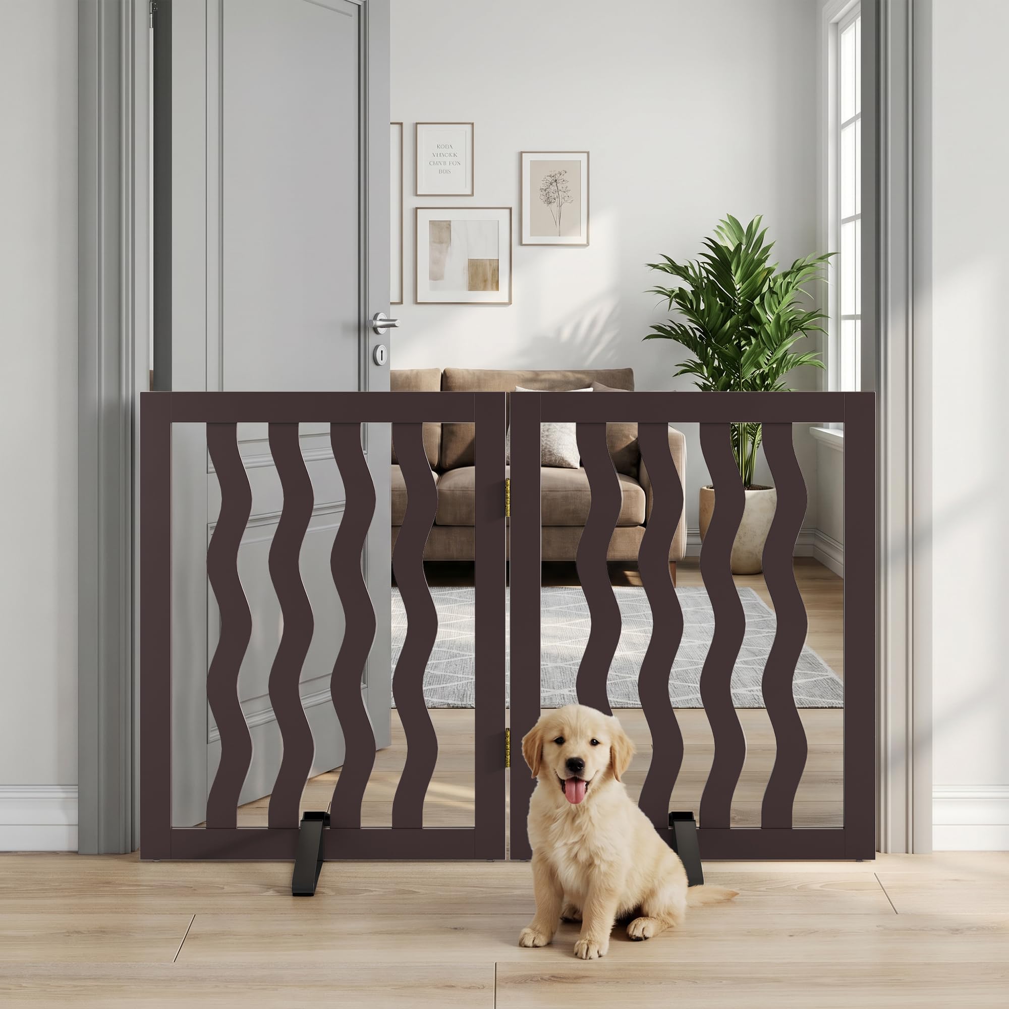 Dog Gate, Wavy Freestanding Dog Gates for Doorways 2 Panels (brown)