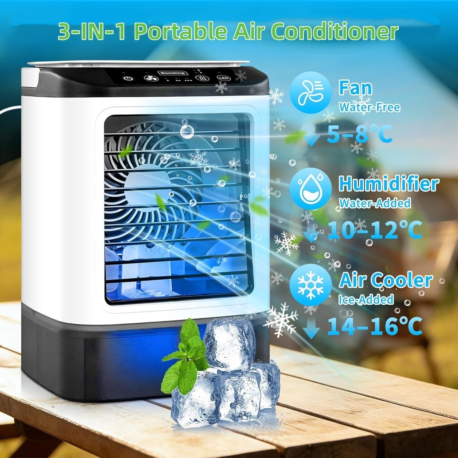 Mini Air Conditioner Fan - 3-in-1 Evaporative Air Cooler with Dual Mist & Ice Pack, Cools up to 16C, 22dB Ultra Quiet, 6 Speeds, 1-6H Timer, Auto Swing, Portable USB Desk Fan for Office Bedroom Home