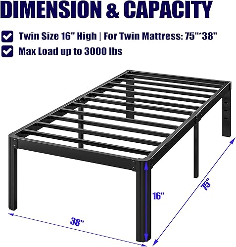 Miniatura 31 de Hunlostten Base de cama resistente de 12 pulgadas, tamaño individual XL, no necesita somier, base de cama de metal individual XL con esquinas